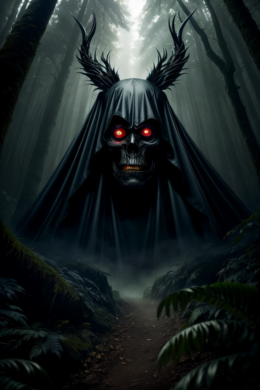 Amidst the dense foliage of the forest, a creature shrouded in a black sheet reigns with an aura of terror. Its solitary eye peeks out from under the fabric, betraying an air of medo, assustador, and fearsome intent. With the finest qualities of cinematography, this image comes to life in a masterpiece of the uncanny and the macabre. The scene is bathed in a cinematic light, with side lighting illuminating the creature's twisted forms and intricate details. The ultra-high resolution reveals every grotesque line and contour, while the RAW format enhances the depth and richness of the visual experience. The forest