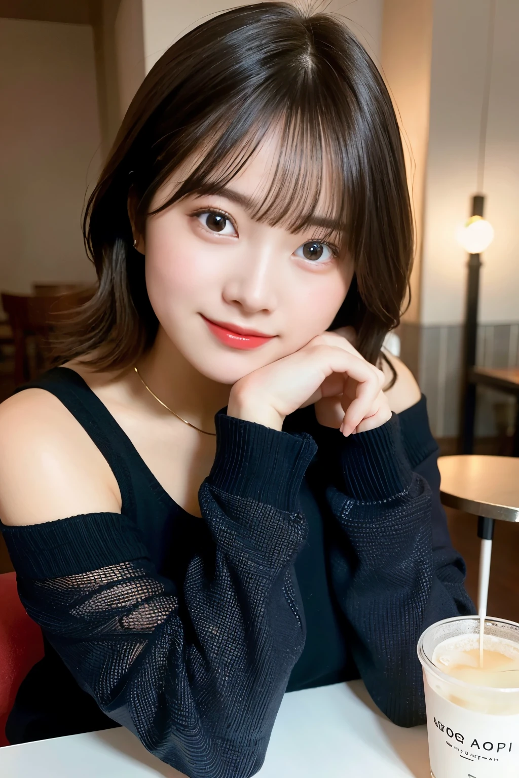 highest quality、Photorealistic、8k、High resolution、Perfect lighting、Gorgeouasterpiece、Realistic、Close-up portrait、
One Girl、Sharp Eye、Off-the-shoulder sweater、Mid-breasted、short hair、Look at the viewers、A kind smile、At the cafe、In the room、It is