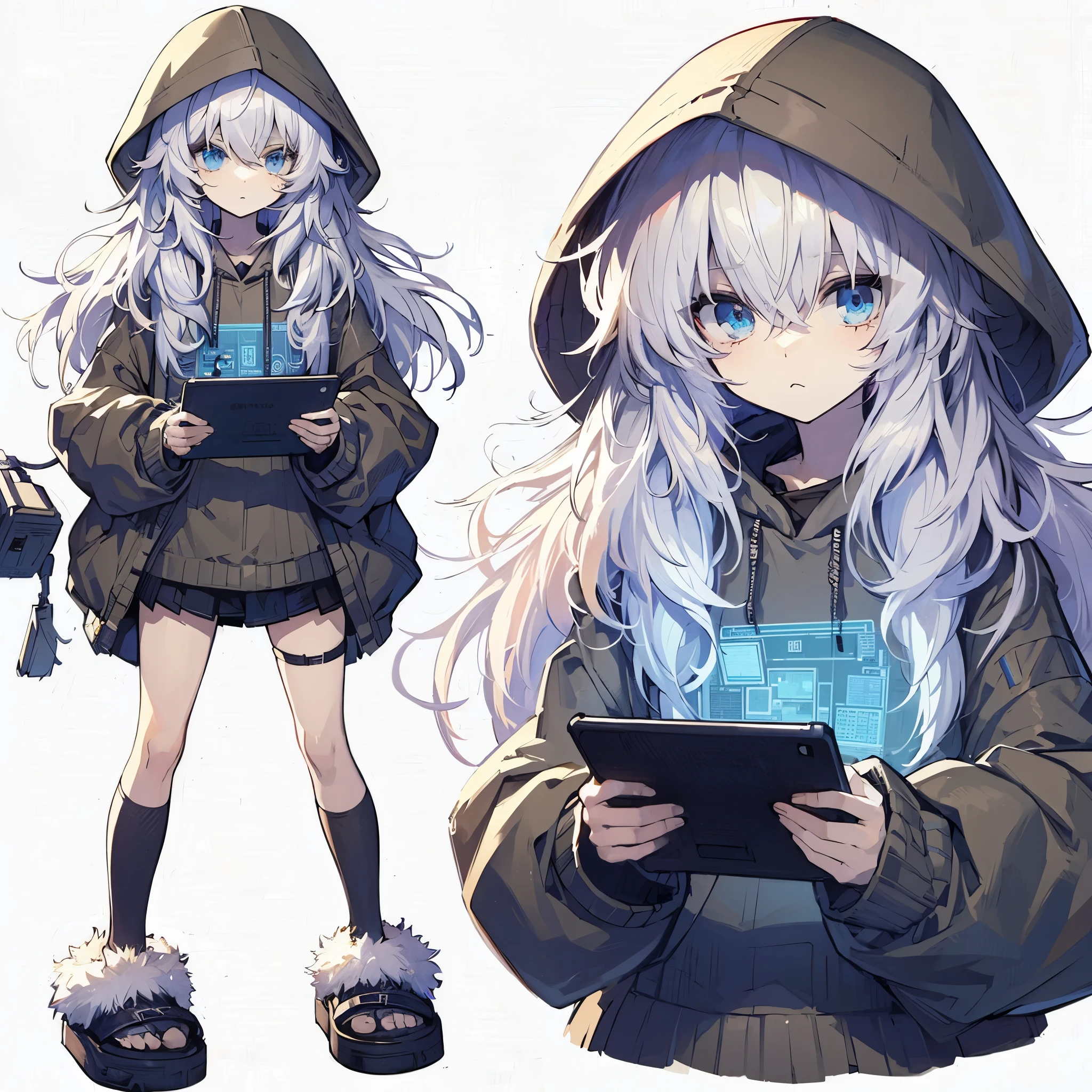 (Masterpiece, top quality), (detailed hair), super detailed, anime style, full body, solo, concept art, Cyberpunk hacker girl with shaggy white hair, a drab hoodie, indoor slippers, and a tablet device, white background, whole body, standing in wasteland,
