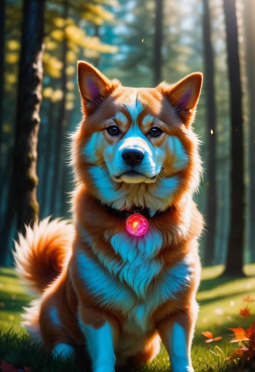 A Shiba Inu, aesthetic, (best quality,4k,8k,highres,masterpiece:1.2),ultra-detailed,(realistic,photorealistic,photo-realistic:1.37),dog,Shiba Inu,cute fluffy dog,loyal companion,playful expression,friendly temperament,curled tail,triangular ears,squishy face,adorable button nose,beautiful red coat,natural hunting abilities,expressive eyes,alert posture,running in the park,sunlight filtering through the trees,green grass and colorful flowers in the background,nature,leash,falling leaves,joyful energy,blissful expression,soft fur texture,sharp focus,vivid colors,playful interaction with other dogs,smiling owner's face,unconditional love and happiness,portrait,close-up,photography