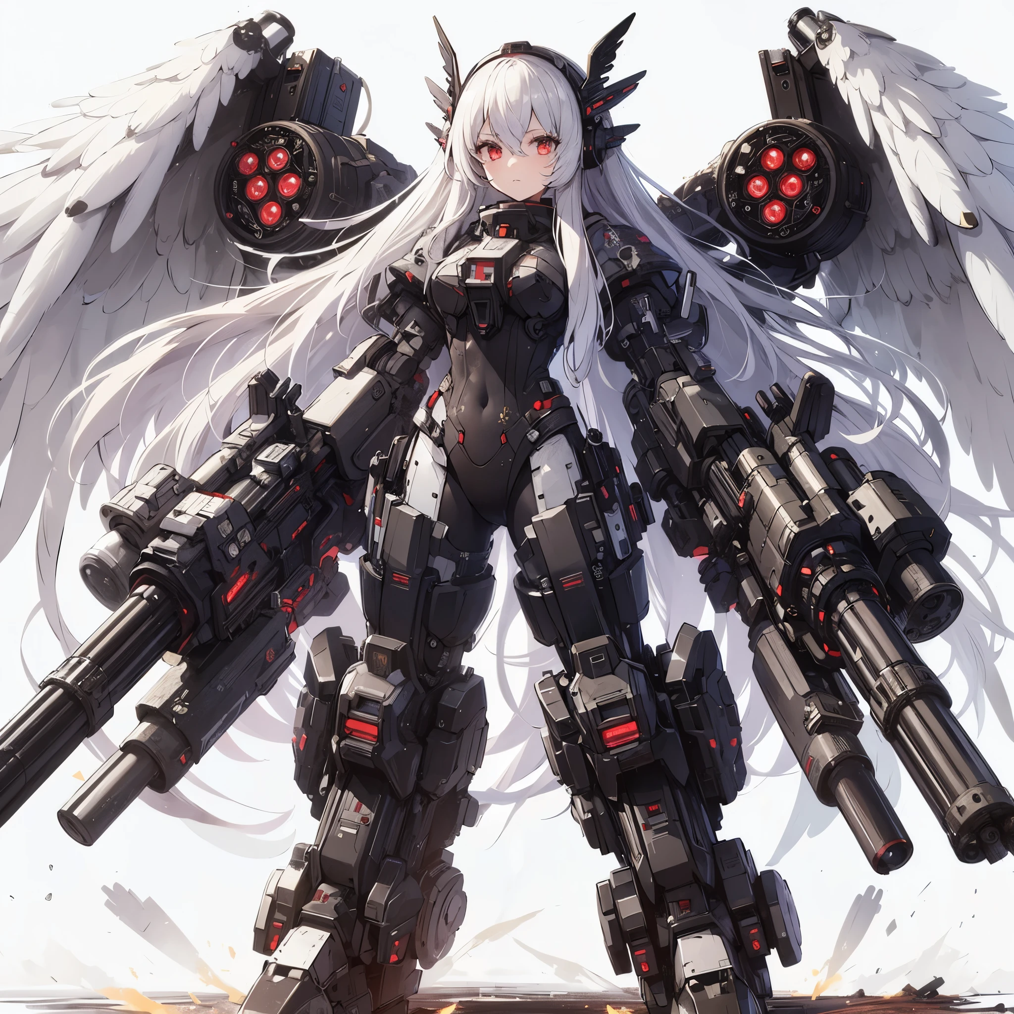 (Masterpiece, top quality), (detailed hair), super detailed, anime style, full body, solo, girl dressed in a mobile suit costume, long white hair and red eyes, black sci-fi pilot jumpsuits, face exposed headgear, heavy high-tech cannons mounted on arms, white ceramics feather wing from her back, heavy massive boots, white background, whole body, standing burned ground, fighting pose
