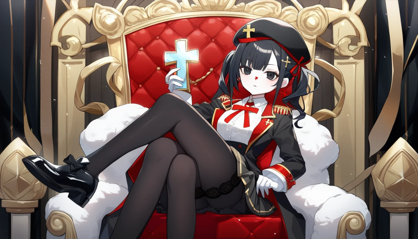 1 anime girl, Short stature, pale skin, black eyes with red crosses in them, black hair tied into two long ponytails, black wavy side bangs, golden monocle on the right gasket black beret on the head, a white blouse, black coat, White gloves, black skirt, white stockings, black shoes, sitting on a throne with legs crossed, Diamond in hand