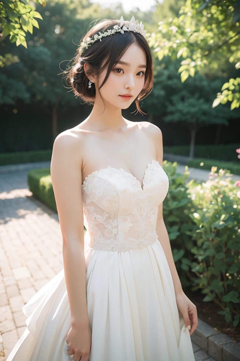 ((girl in perfect body shape)), ((korean bride)), ((garden at the background)), ((Bobhair cut)), ((top-quality)), RAW , ((masterpiece)) , (fujifilm), 16k , (Photorealism), ((beautiful bride)), ((wearing bride crown)) , ((low shot)), ((distant shot)),((facing towards the viewers)), ((full body shot))