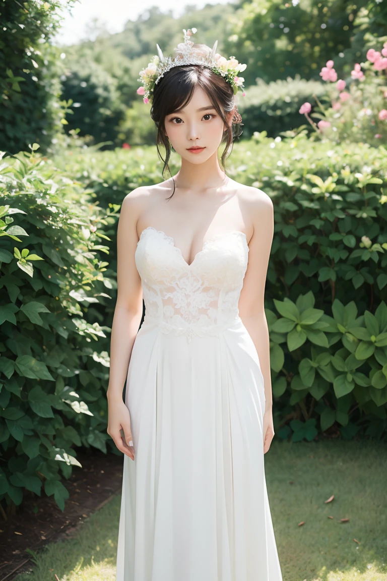 ((girl in perfect body shape)), ((korean bride)), ((garden at the background)), ((Bobhair cut)), ((top-quality)), RAW , ((masterpiece)) , (fujifilm), 16k , (Photorealism), ((beautiful bride)), ((wearing bride crown)) , ((low shot)), ((distant shot)),((facing towards the viewers)), ((full body shot))