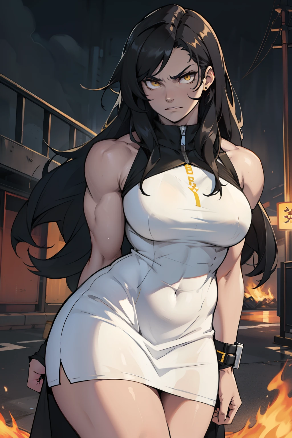 1 girl pale skin black hair yellow eyes long hair angry (((muscular toned body bodybuilder curvy wide hips thick thighs))) dark atmosphere night dress