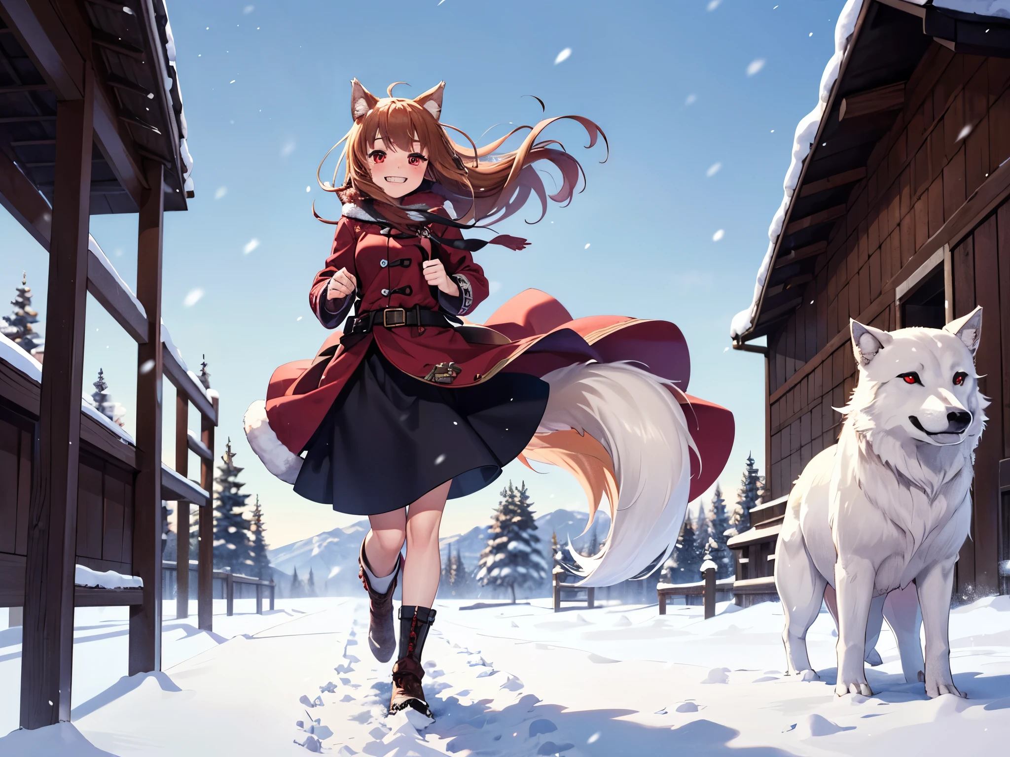 1 girl, wolf ears, brown hair,Grinning, running,red eyes,Wearing medieval style dress ,medium hair, standing,snowing, strong wind, flying hair, blizzard, at the north pole, wolf tail with the tip white color