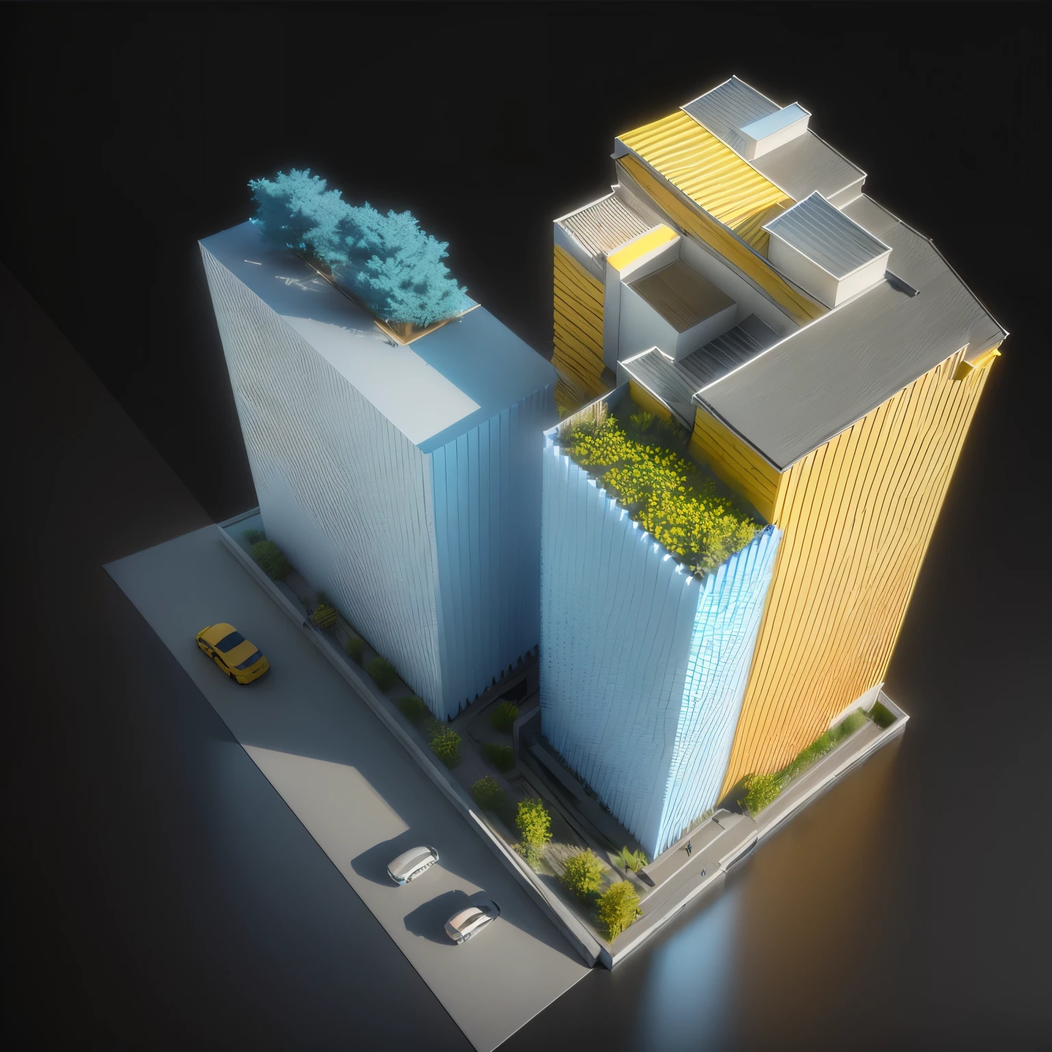 a rendering of a building with a blue and yellow roof, conceptual, perspective view, isometric view!!!!, conceptual rendering, isometric view from behind, architectural concept, isometric perspective view, complex 3 d render, complex 3d render, concept image, architectural concept diagram, detailed rendering, orthographic 3d rendering, mid-view, concept drawing