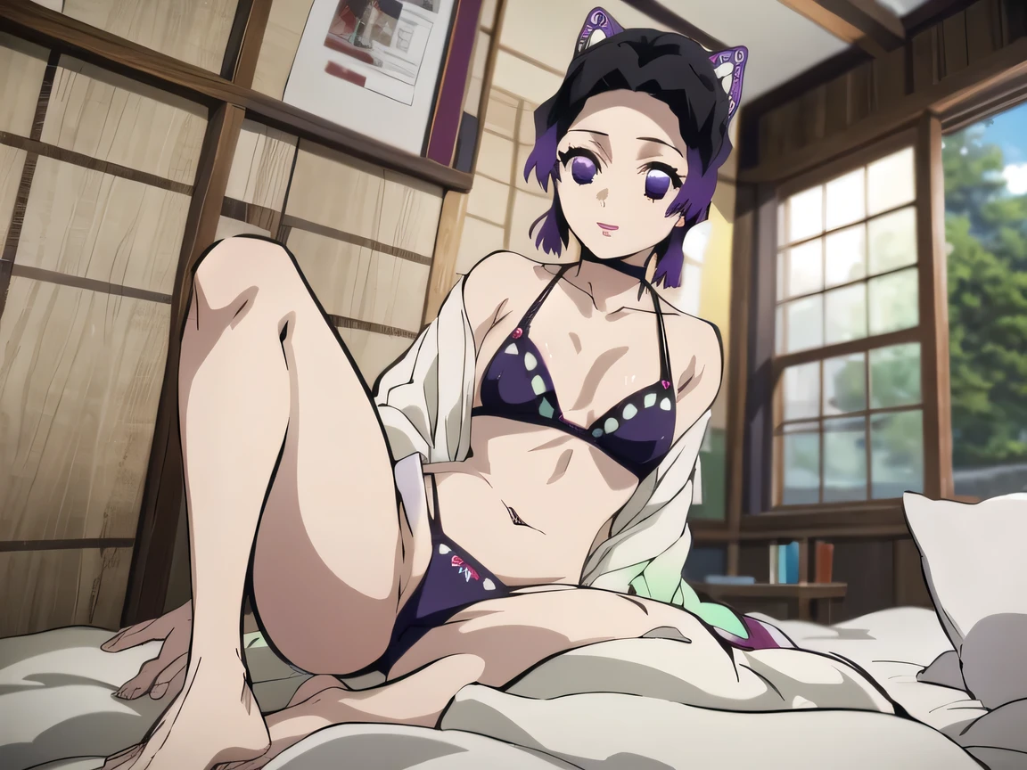 EFT_Shinobu, 1girl, kochou shinobu, butterfly hair ornament, solo, hair ornament, purple hair, multicolored hair, purple eyes, black hair, medium breast, (bikini), seductive smile, looking at viewer, blurry background, indoors, japanese house, full body, slim, ((masterpiece)), best quality, high detailed illustration, high detailed background, hi-res, bare legs, bare feet