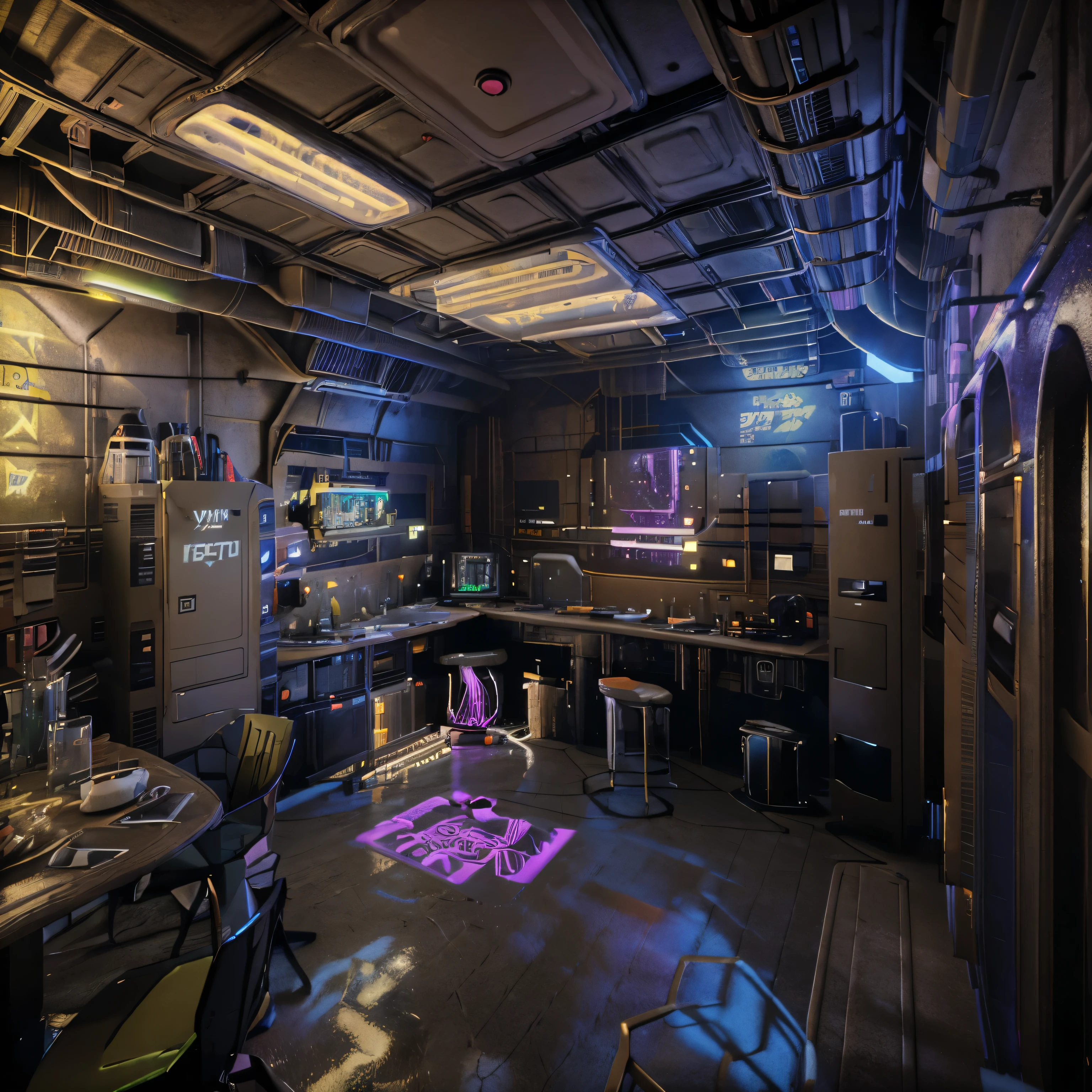 (best quality,4k,8k,highres,masterpiece:1.2),VR experience,close-up of a room: brightly lit with various pieces of furniture,futuristic interior,cyberpunk space station,cyberpunk setting,cyberpunk interior,interior of a space station,futuristic scene,interior of a future military base,futuristic room,engine room living room in a sci-fi setting,futuristic laboratory,elaborate cyberpunk interior,futuristic scene