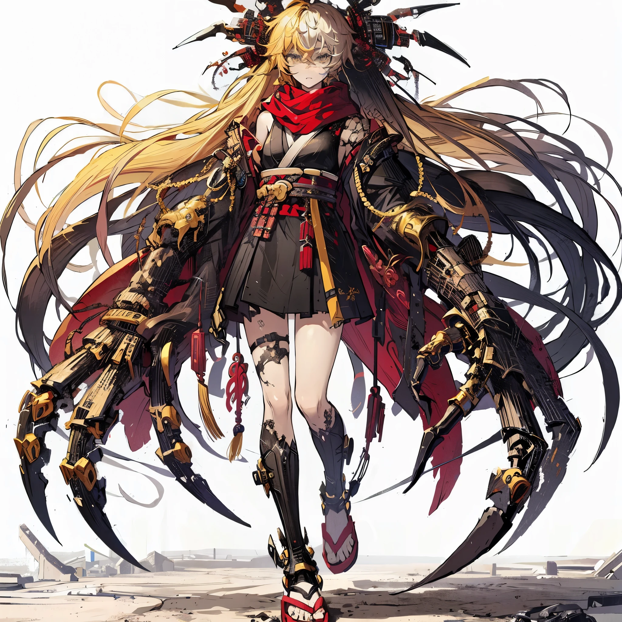 (Masterpiece, top quality), (detailed hair), super detailed, anime style, full body, solo, concept art, science fantasy fighter girl, neck-length black-yellow hair, gold eyes, right hand converted to cybernetic terrifying claw. cyber-kimono, and red muffler, cyber horned, wearing tabi sandal, white background, whole body, standing in wasteland,
