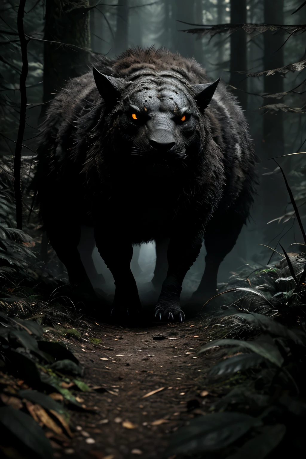 Photorealistic, ultra-detailed forest scene, terror-filled, medo inducing, best quality, various scary creatures moving in the shadows, intricately depicted with primitive textures and details, sharp focus on every creature's fearsome features, highly detailed foliage, lifelike rendering of each creature's menacing expressions and movements, detailed environment, professional composition, 4k resolution, intimidating and suspenseful, rough textures and realistic lighting effects, echtes Leben, ultra-realistic, photorealism, photography, 8k UHD.