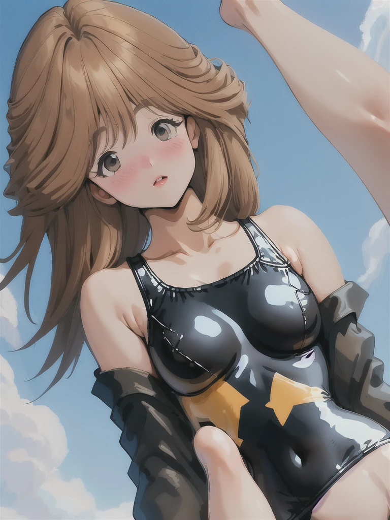 1girl, solo, breasts, looking at viewer, blush, short hair, bangs, brown hair, black hair, bare shoulders, medium breasts, collarbone, swimsuit, upper body, parted lips, striped, black eyes, lips, one-piece swimsuit, vertical stripes, competition swimsuit, striped one-piece swimsuit