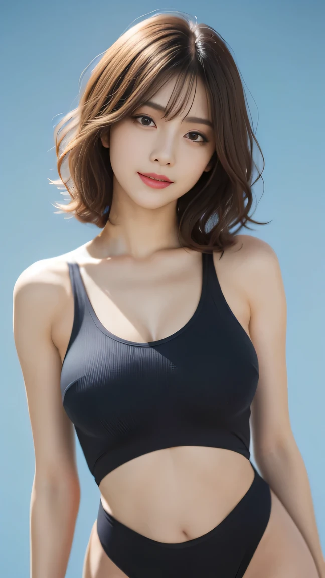 (the body turns in the direction of the viewer:1.2) , Generate with SFW, (1 girl:1.3), Cowboy Shot, Japanese, 20 year old supermodel, the body is slim, , (from before), (highest quality:1.4), 32k resolution, (Realistic:1.5), (Ultra-realistic:1.5), High resolution UHD, , ((Do not emphasize the top of the bust)), ((light light blue background color:1.15)), Accurate Fingers, Very detailed, Symmetrical eyes, Fine eyelashes, Thinly trimmed eyebrows,masterpiece:1.2)), (Improvement of quality:1.4), (Very beautiful facial details), (Highest quality realistic skin texture:1.4), (Perfect Anatomy:1.2), (Are standing:1.37), (halterneck black swimsuit :1.21), ( Natural Makeup, [Pink lipstick], ((A good eye for quality:1.2)), (tired, Sleepy and satisfied:0.0), (Beautiful Lips:1.33), (Great nose:1.2), ((Physically Based Rendering of the Background:1.37)), (small breast), Tight waist, ( slim lower body), Brown Hair, bangs, (natural wave hair :1.37), , Gentle light illuminates the face and body, Spectacular and inspiring cinema lighting, ((arms at sides)),  happy smile ,