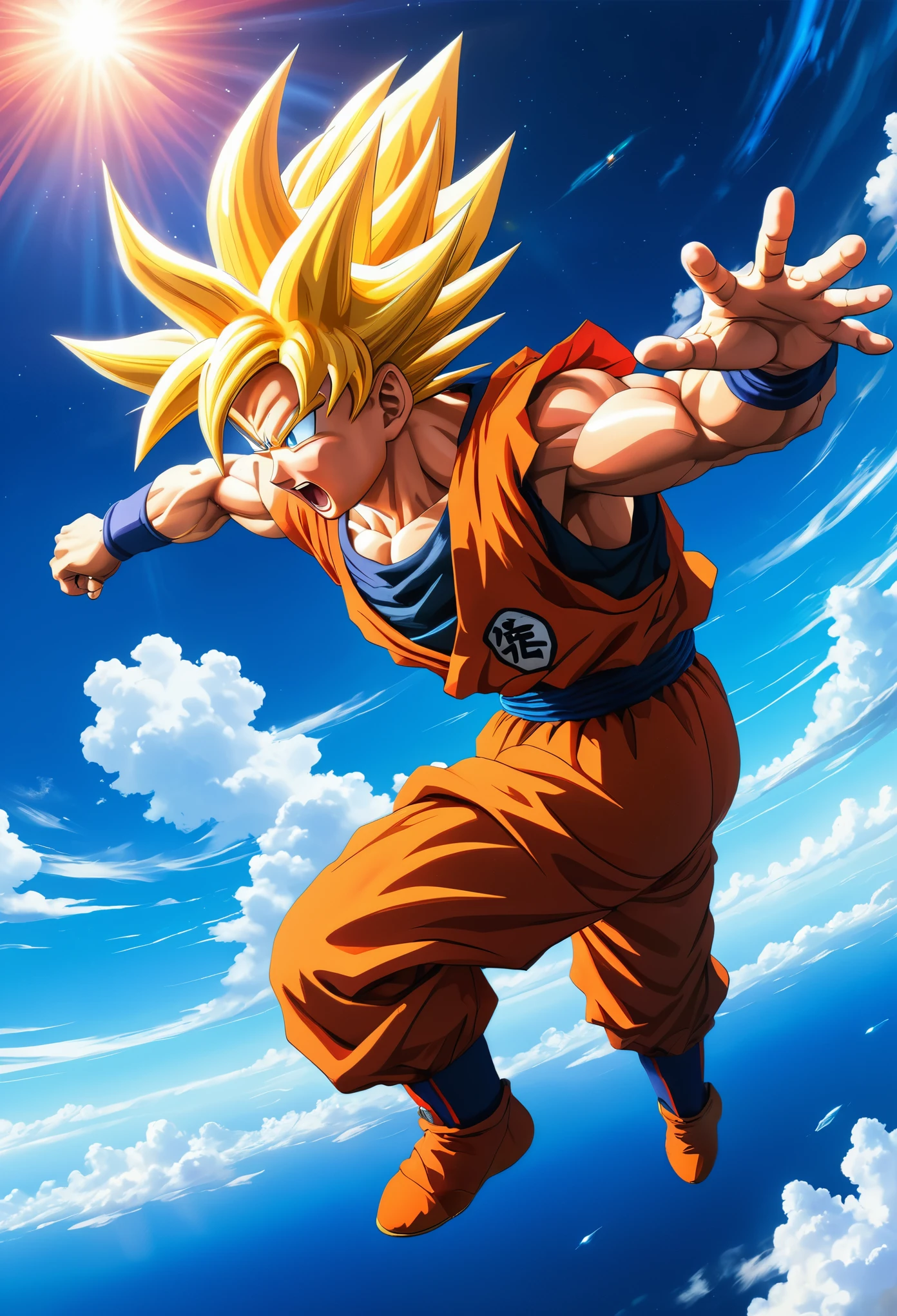 sky scene, sky exploration, Goku, Goku diving, Goku searching, detailed, vibrant colors, dynamic lighting, photorealistic, anime style