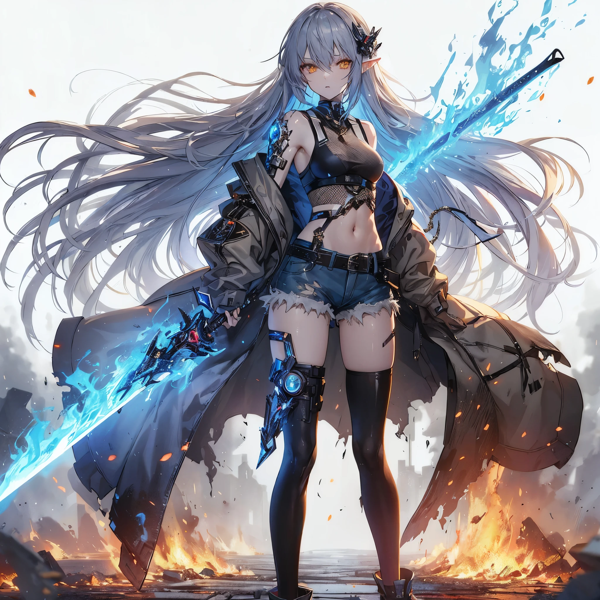 (Tabletop), (Perfect athletic body:1.2), Anime Style, whole body, Cyberpunk Girl, Ocean blue twin hairstyles for blue eyes, Wearing a kimono, Black and Purple Flaming Fist, Burnt mechanical limbs, Standing in the Wilderness, Flame burning in the chest, White Background, whole body,composition