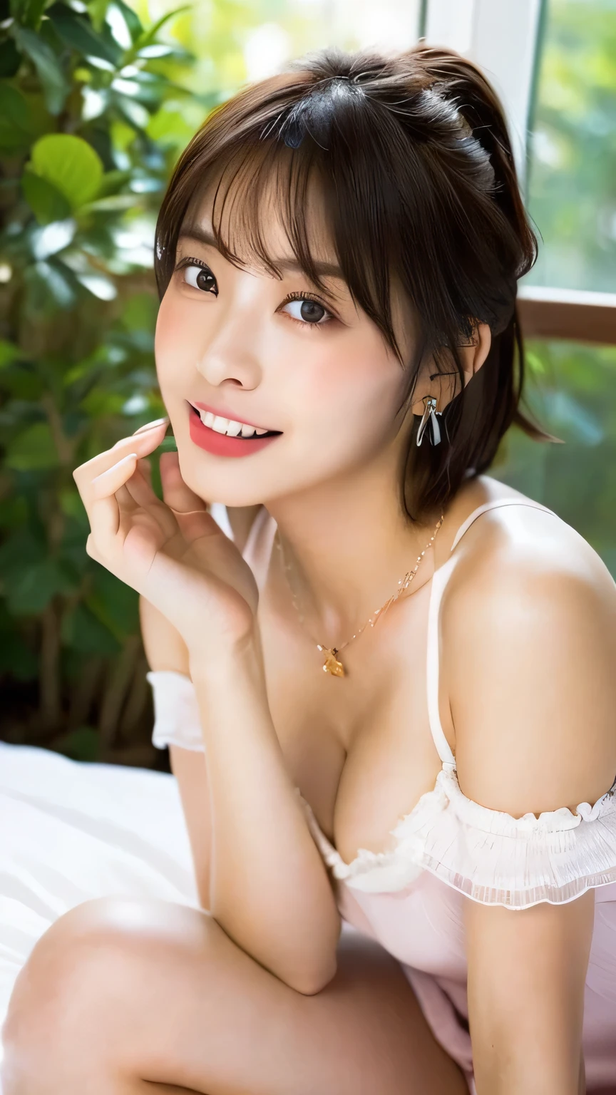 ((8k:1.27), highest quality, masterpiece, 超A high resolution:1.2)Photo Beautiful Japan woman(Comfortable:1.1) grace, good, Gradient lighting, One Girl, Delicate skin, Look at this, Brown eyes, (Short hair with bangs:1.2), (Large breasts:1.0), (middle breast wheel:0.8), (Realistic:1.4), (highest quality:1.0), (超A high resolution:1.0), 8k, Raw photo, (masterpiece:0.2), (Purelos Face_v1:0.5), All Overprint Contrast Colors Dresulti Colors, Red-brown, What can I do for you?, Staring at this, theme, Tilt, Look at this,
22 years old, 1 person, ((Beautiful announcer,A kind smile:1.2)),
((Gorgeous Earrings, Long Necklace:1.2)),
((A tight-fitting off-white nightgown, Layering, cleavage wide open:1.2)),
((Sitting with your legs stretched out on the bed, Open your legs a little:1.5)),
(Full body image from thigh, Pay attention to her beautiful slim thighs:1.2),
((Sexy atmosphere, Naughty pose, Kissing Mouth, hold out your lips, Embarrassed, close your eyes:1.2)),
((Boyfriend's bedroom, Big white bed, White wall, Boyfriend and good mood)),
((The large windows overlook the beautiful garden.:1.2)),
Realistic skin texture, Fair skin, Shiny skin, Beautiful skin on legs, Beautiful feet,
Highly detailed face, Slim face contour, Beautiful small face, Beautiful Nose,
Ultra-detailed eyes, Slit eyes, Brown eyes, double eyelid, Ultra-thin eyebrows, Thin, long eyelashes,
Ultra-detailed lips, Plump and moisturized lips, Glossy pink lips, Flushed Cheeks, ((White beautiful teeth)),
Beautiful actress's languid make-up, Pink lipstick, Smoky eyeshadow, Eye foundation,
Dark Brown Hair, Delicate soft hair, Hair blowing in the wind,
(Elegantly putting your hair up, Medium Short Hair, ponytail:1.2),
Layered Cut, (Blunt bangs:1.2),
((Open your mouth a little, Stick out your tongue a little)), Looking into the camera,
((Raise your face slightly)),
((Squinting)),
((pursing lips:1.2)),
((Blushing:1.2)),