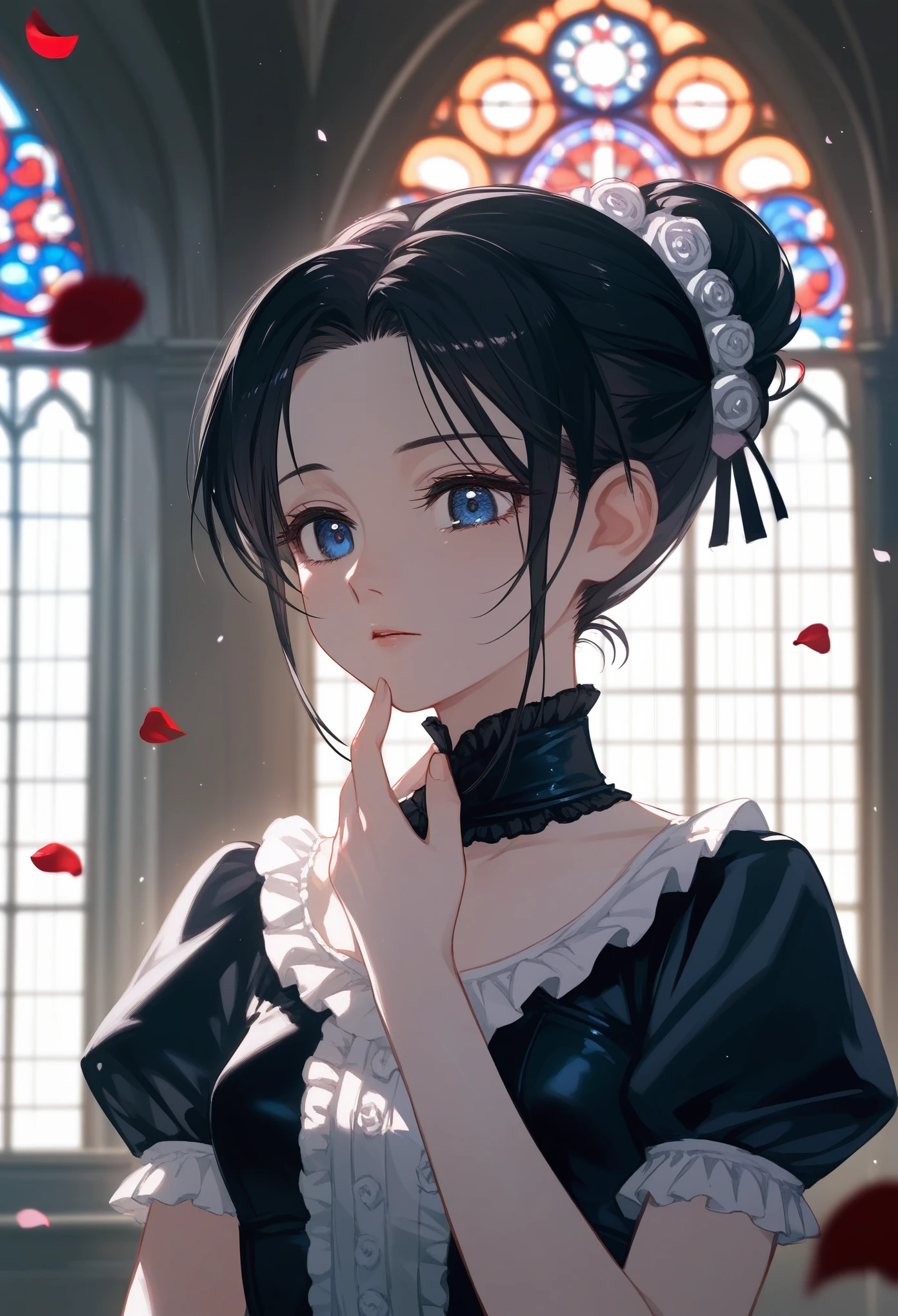 masterpiece, T-ponyai3 style, upper body, score_9, score_8_up, score_7_up, portrait, 1girl, solo, black hair, tied hair, hair bun, parted bangs, dark blue eyes, innexpressive, pale skin, small breasts, upper body, victorian fashion, black dress, frilled dress, short sleeves, hand stroking own chin, delicate hand, perfect hands, white rose petals, church window background, best quality