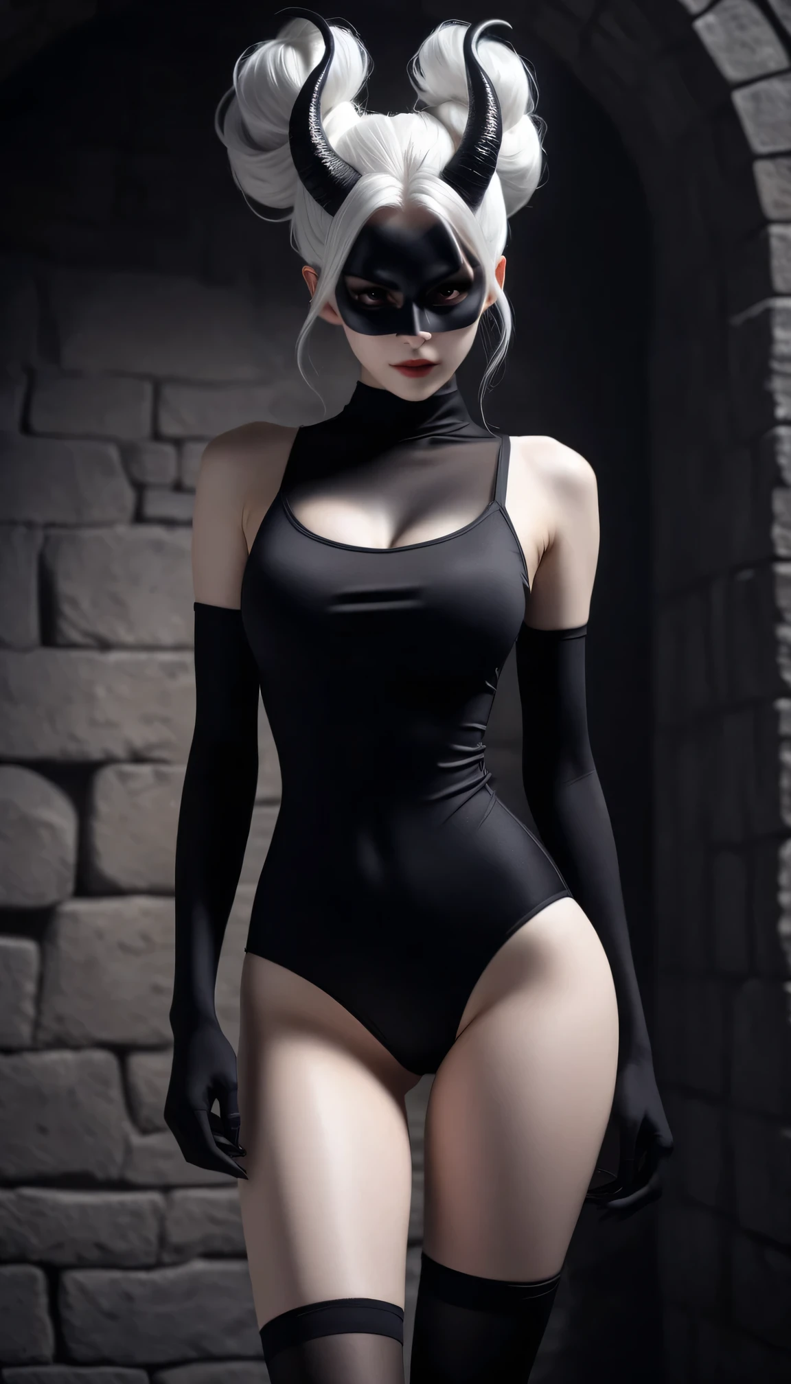 ( , castle room, hall, Stone Wall:1), , A very white skin、Devil girl with black horns, (Dark eyes, Black eye mask), ( Black lacquer forehead:1.1),( Wearing a black camisole vest, Black bloomers:1.1) , ( Black gradient arms and legs:1.2) ,(High bun white hair:1.2) , Sufficient lighting , Very thin,