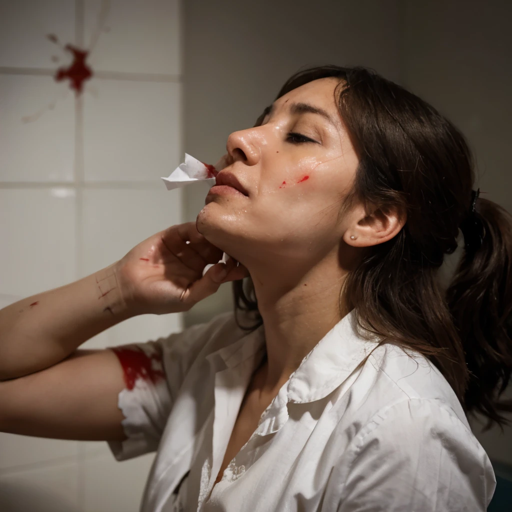 Sick woman sneezing blood into tissue trying to hide it 
