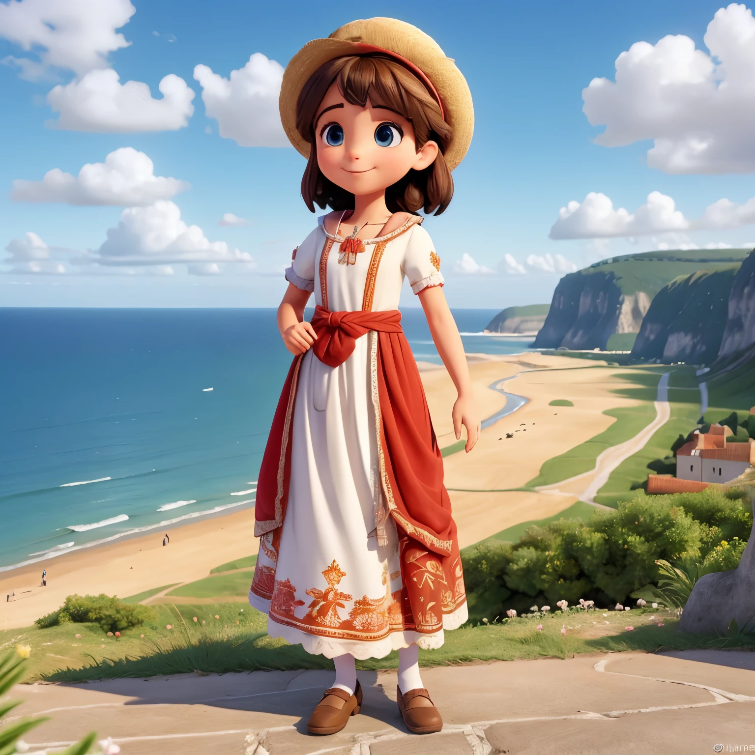 The image you describe would be truly captivating ! Imaginez une jeune fille portugaise vêtue d'une magnifique robe traditionnelle, peut-être avec des motifs floraux ou des broderies colorées représentatives de la culture portugaise. Son visage serait lumineux avec un sourire radieux, holding the flag of Portugal with pride. Background, iconic landscapes of Portugal could frame the scene : des collines verdoyantes parsemées d'oliviers ou de vignes, des villages pittoresques aux maisons blanchies à la chaux, ou même une vue sur l'océan Atlantique avec des plages dorées et des falaises abruptes. Cette image serait vraiment une célébration vibrante de l'héritage et de la beauté du Portugal !