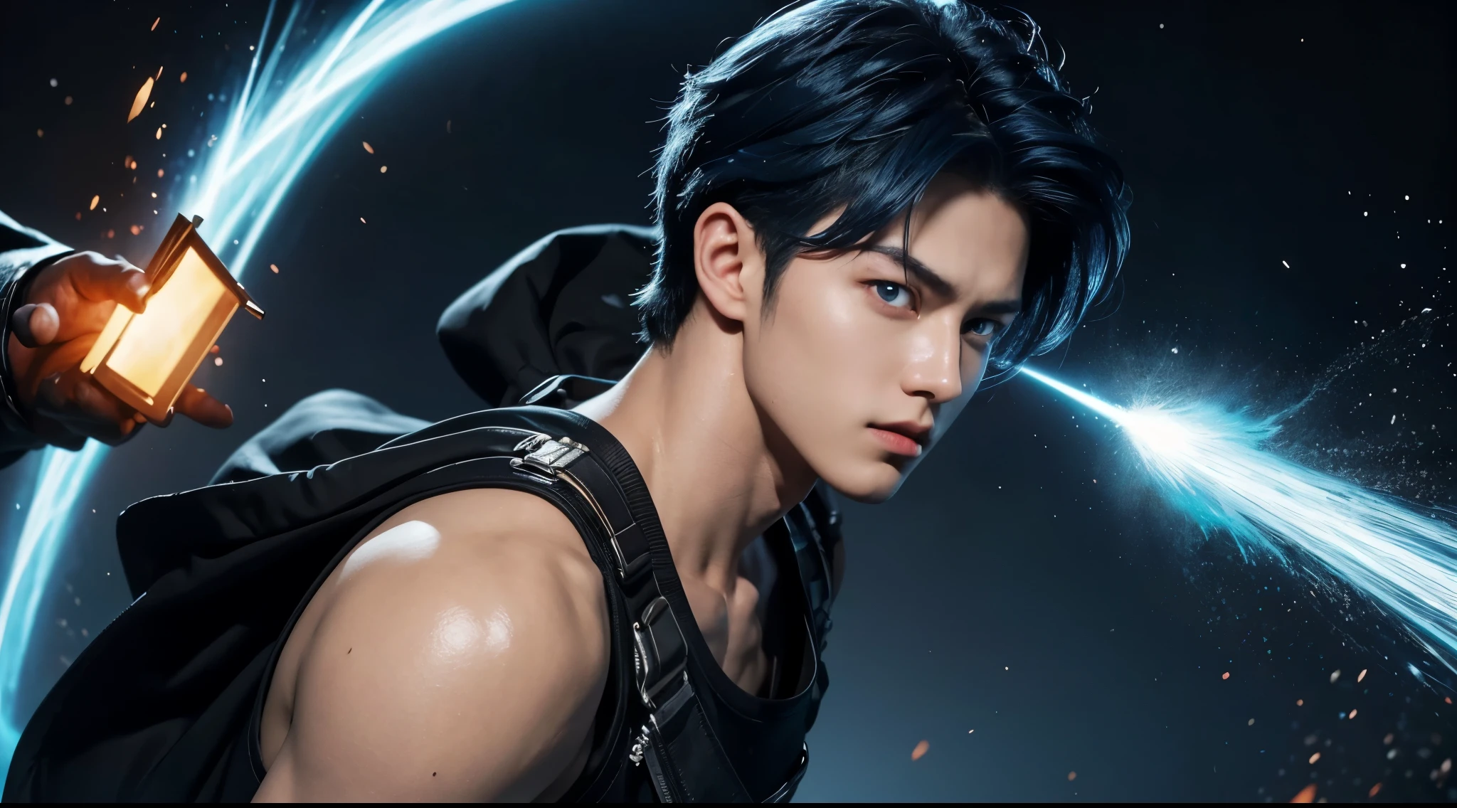 "Enjoy a visual feast as you witness the astonishing transformation of the handsome 20-year-old Saitama, a being of unparalleled strength and captivating aura. With vibrant blue hair and piercing red eyes , this energetic person will surprise you."