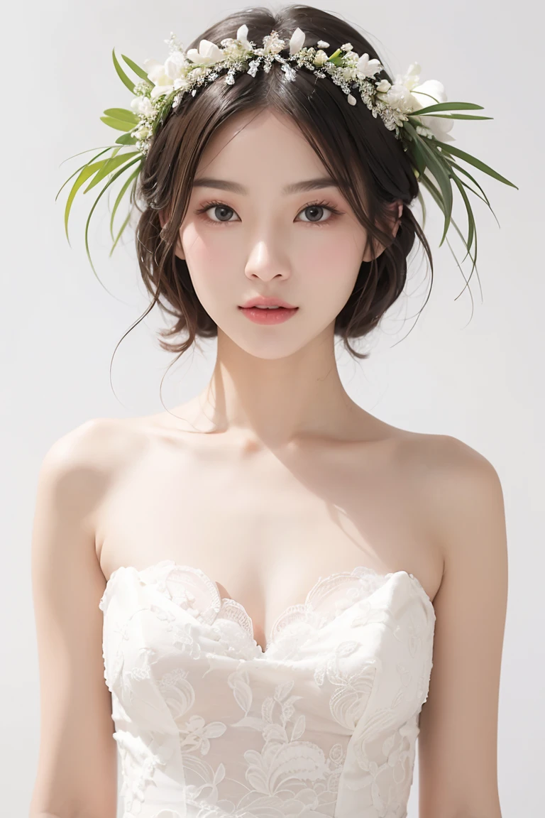 ((girl in perfect body shape)), ((korean bride)), ((white background)), ((Bobhair cut)), ((top-quality)), RAW , ((masterpiece)) , (fujifilm), 16k , (Photorealism), ((beautiful bride)), ((wearing bride crown)) , ((low shot)), ((distant shot)),((facing towards the viewers)), ((full body shot))