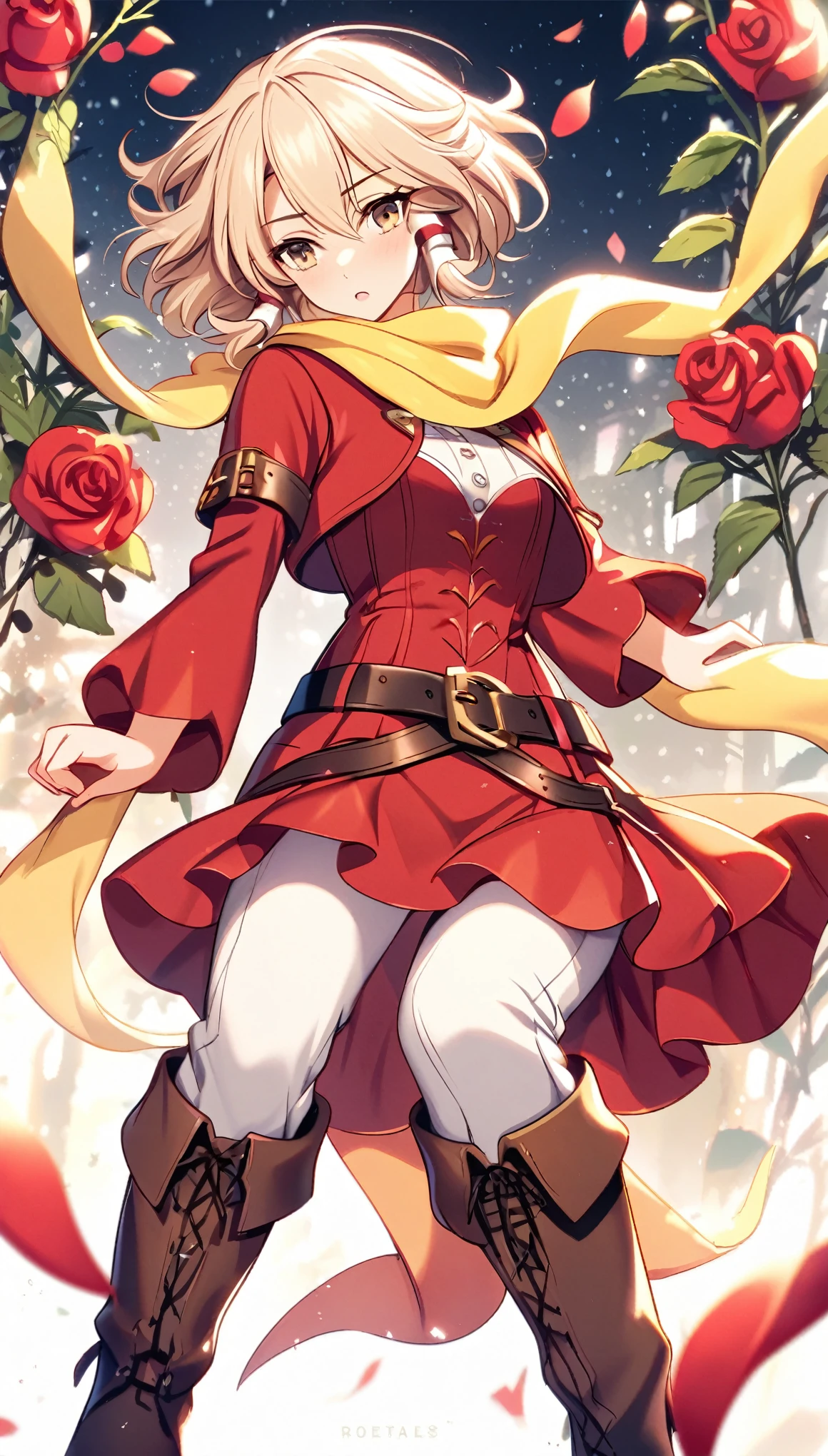 RoseTales, short hair, hair tubes, yellow scarf, cropped jacket, red dress, belt, white pants, boots