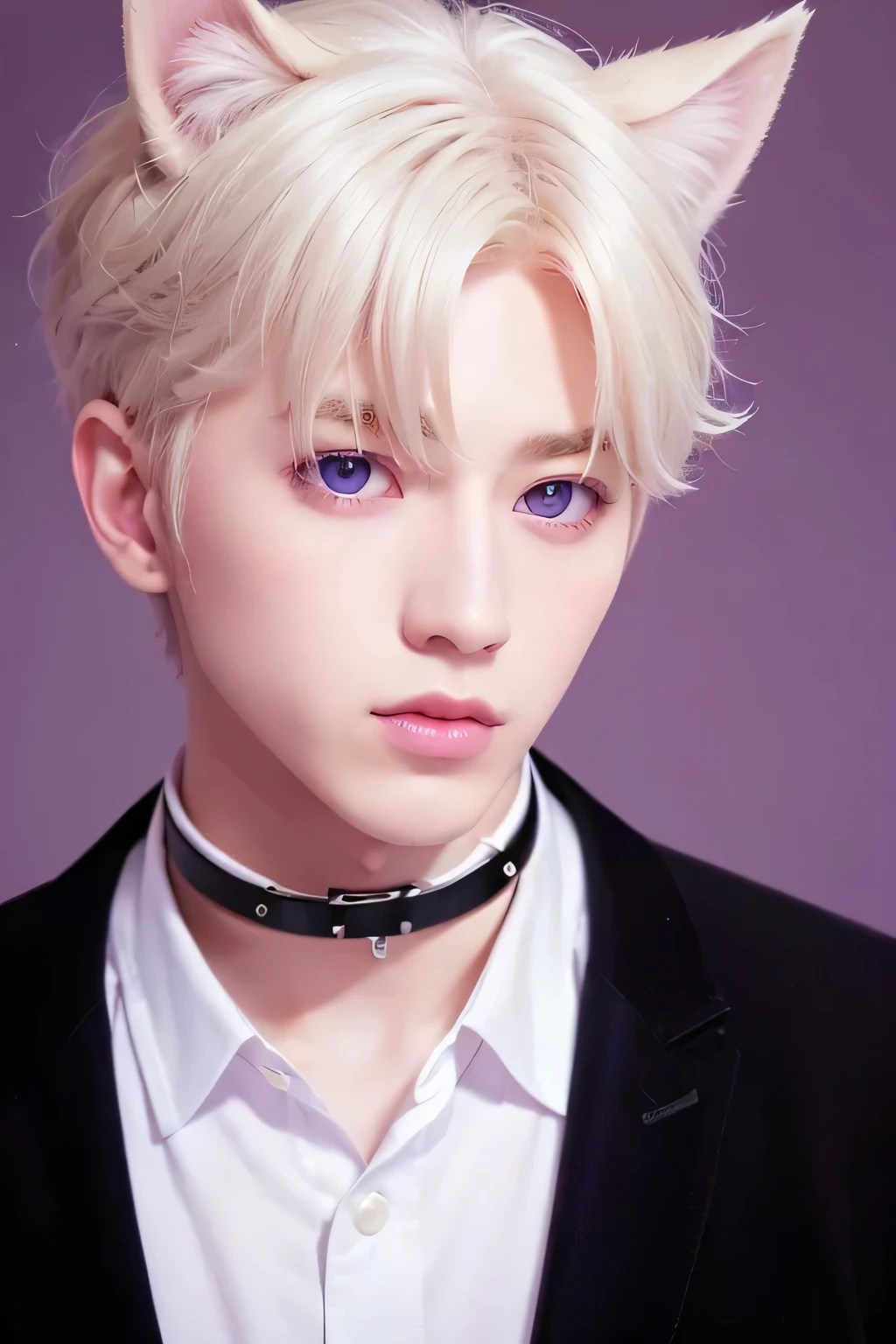 １male、Creating aesthetics、highest quality、masterpiece、8k、Blurred feeling、Realistic Skin、(head shot:1.45)、(Blonde:1.23)、Disheveled Hair、(Dog Ears)、choker、(Purple Eyes)、White clothes、White background