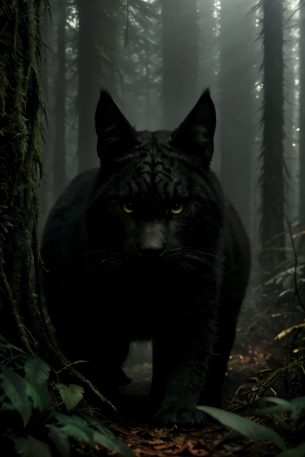 Photorealistic, ultra-detailed forest scene, filled with terrifying creatures moving in the shadows, a sense of fear and suspense, high quality, exotic and mysterious, intricate details and textures, sharp focus on every element, capturing the essence of the unknown, vibrant colors and contrast, best shadowing effects, primitive yet masterful composition, 4k resolution, maximum detail and roughness, embodying real fear and tension, photorealism at its finest, masterpiece of horror photography, 8k UHD, capturing the uncanny and unsettling, photorealism at its peak.