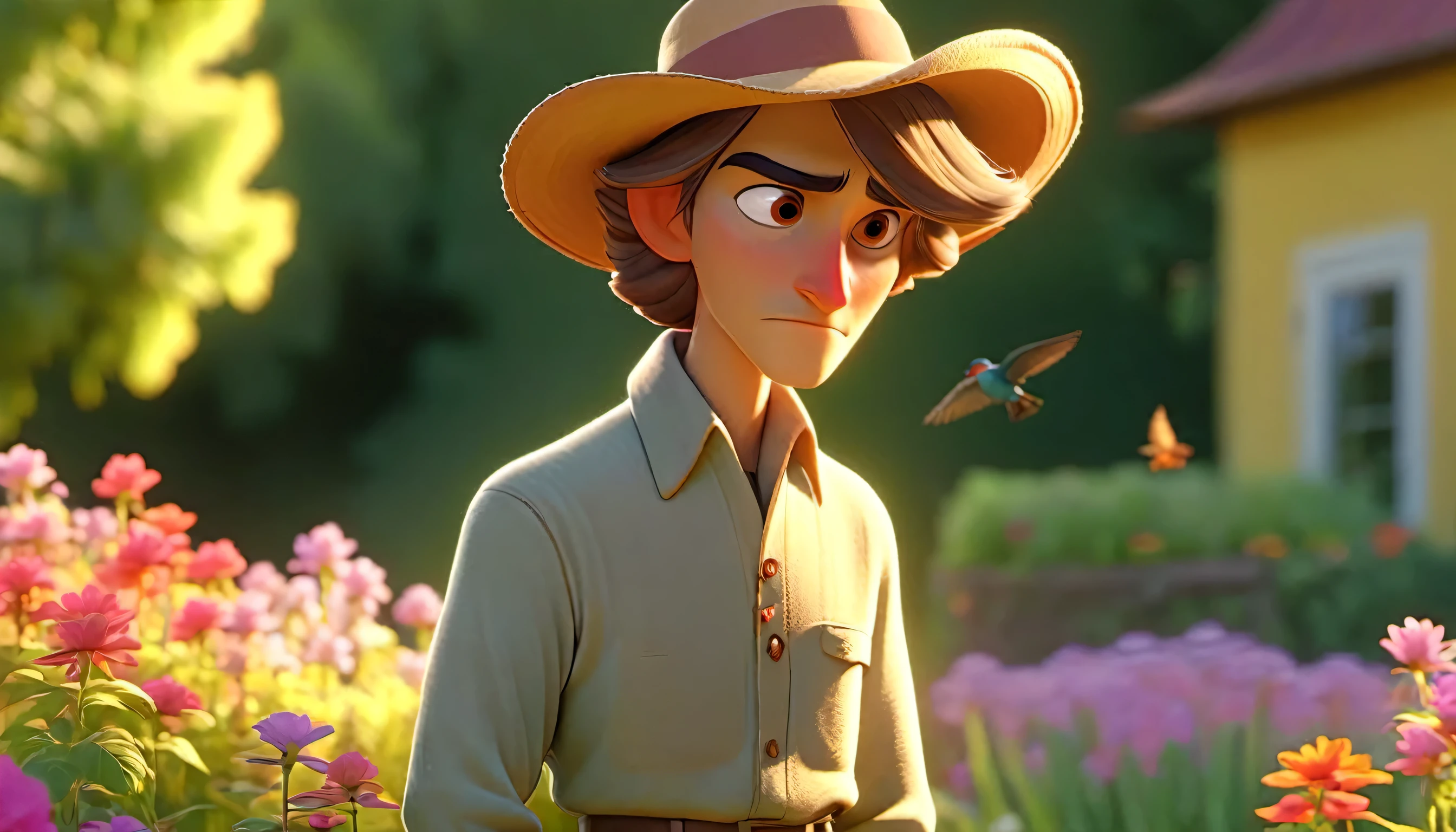 a serene garden bathed in the warm glow of the morning sun. The camera pans across colorful flowers swaying gently in the breeze, birds chirping happily in the background, In the image there is a man in country clothes