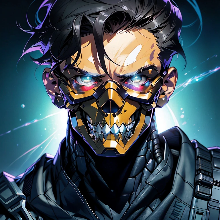 a close up of a person with a machine gun, league of legends splash art, advanced digital chibi art, by Raymond Swanland, jim carrey as terminator, kawaii chibi, marvel comics h 6 4 0, upscaled to high resolution, the omnipotent assassin, his head is a skull, t-1000, streaming on twitch, badass