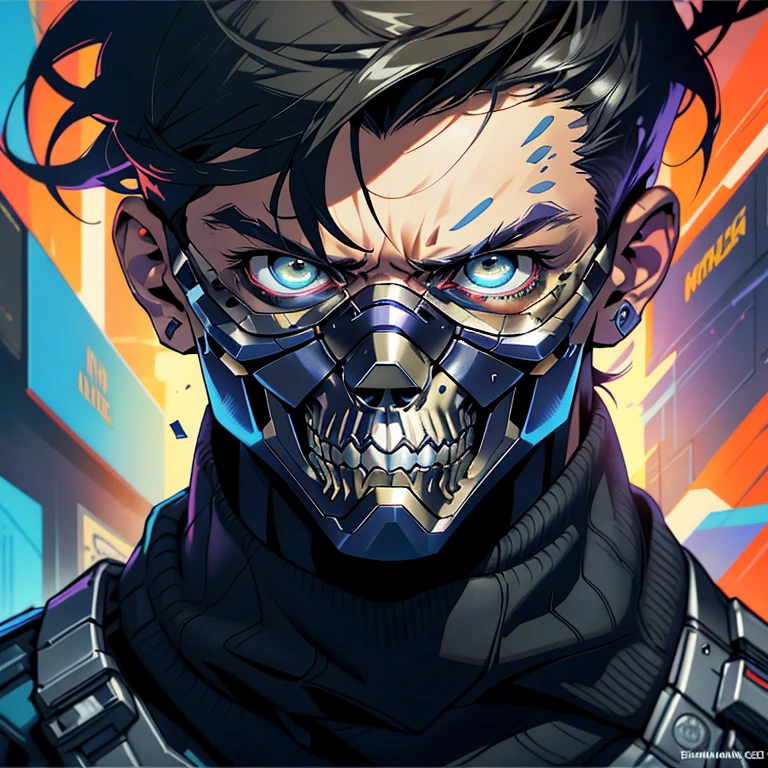 a close up of a person with a machine gun, league of legends splash art, advanced digital chibi art, by Raymond Swanland, jim carrey as terminator, kawaii chibi, marvel comics h 6 4 0, upscaled to high resolution, the omnipotent assassin, his head is a skull, t-1000, streaming on twitch, badass