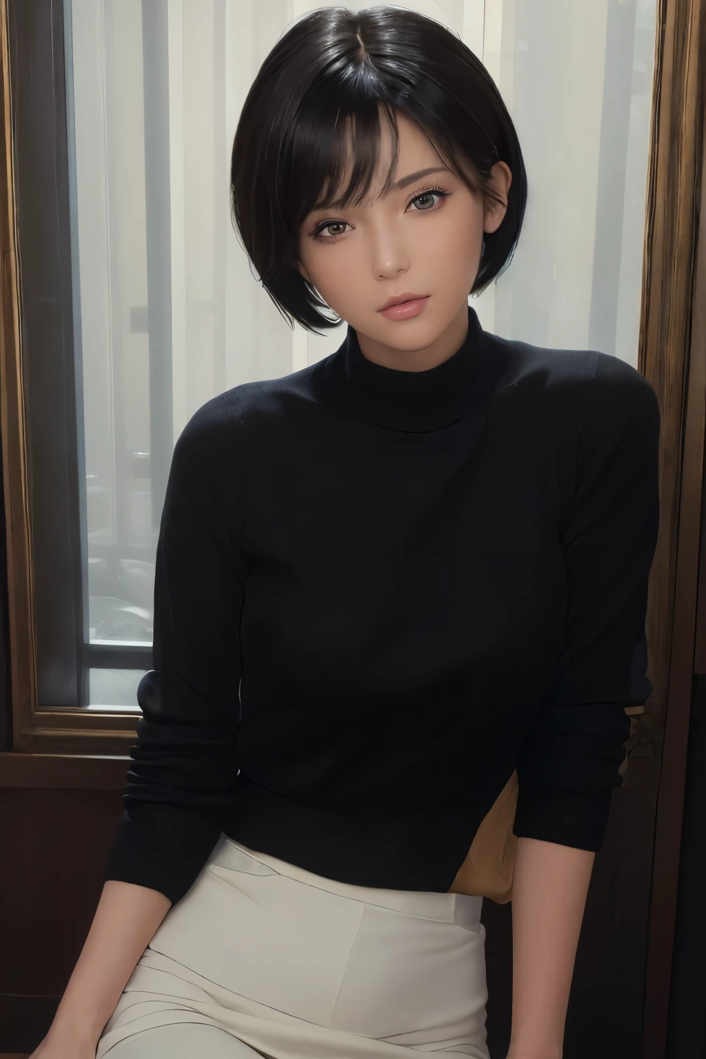 (masterpiece:1.3), (8k, photorealistic, RAW photo, best quality: 1.4), (1girl), beautiful face, (realistic face), (black hair, short hair:1.3), beautiful hairstyle, realistic eyes, beautiful detailed eyes, (realistic skin), beautiful skin, (sweater), absurdres, attractive, ultra high res, ultra realistic, highly detailed, golden ratio