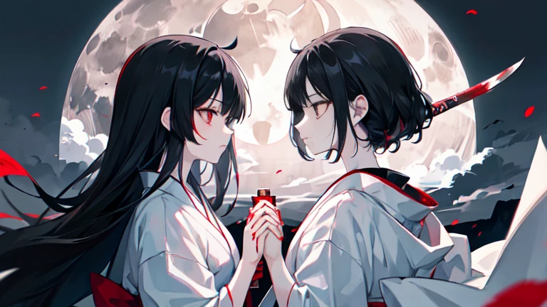 Black Hair Girl、Red eyes、Very delicate and beautiful eyes、Holding a sword with both hands、Girl with blood on her face, Dark fantasy, Horror、Very detailed, White kimono、Perfect hands, Perfect Anatomy,Rear View、profile、（Samurai Sword：1.5） ）、moonlight、night、Moonlight from above：1.5