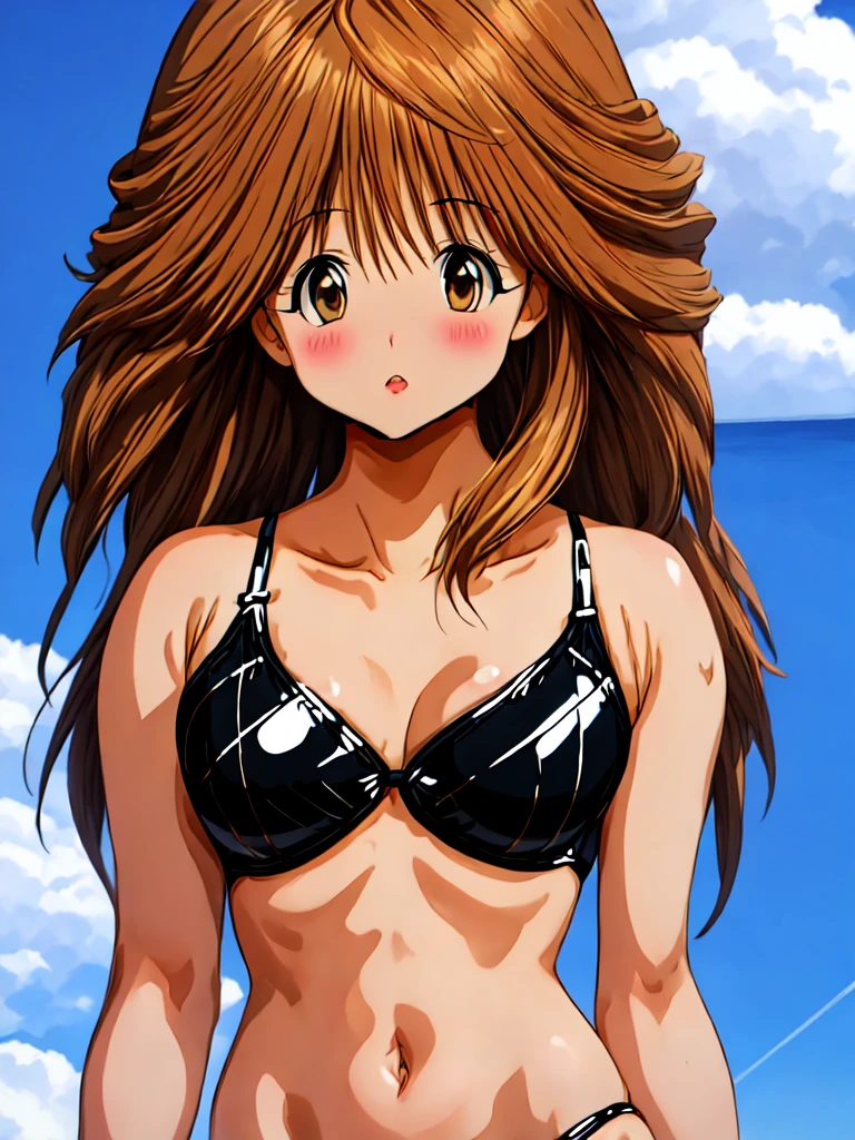 1girl, solo, breasts, looking at viewer, blush, short hair, bangs, brown hair, black hair, bare shoulders, medium breasts, collarbone, swimsuit, upper body, parted lips, striped, black eyes, lips, one-piece swimsuit, vertical stripes, competition swimsuit, striped one-piece swimsuit