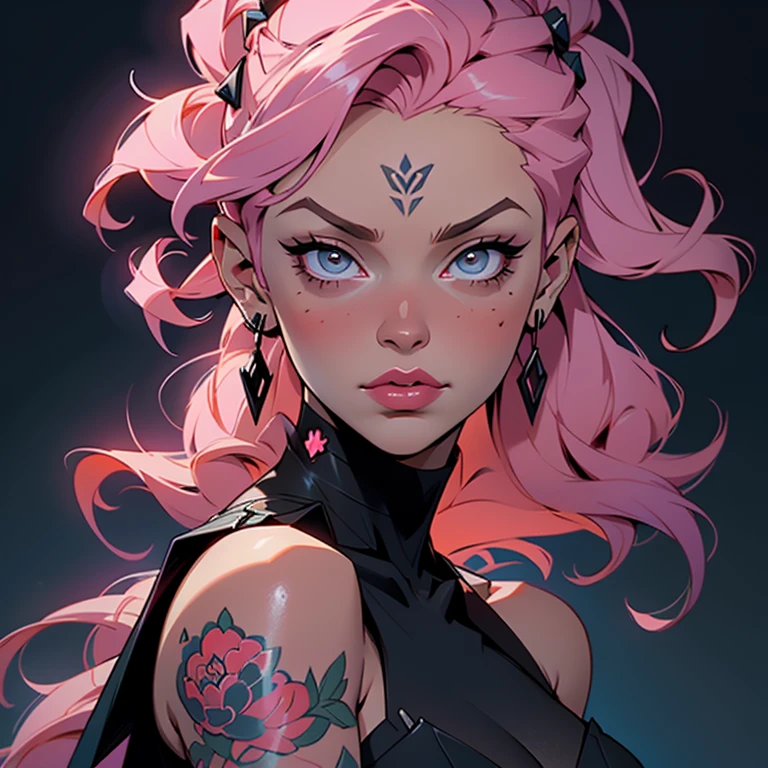 a woman with tattoos and a arma gigante na mão, shoulder, rich moody colors, soft neon, anime trending artwork, stylized portrait h 0, 💋 💄 👠 👗, beautiful necromancer, 🎀 🧟 🍓 🧚, technicolour 1, 🎀 🪓 🧚, by William Conor, live colors