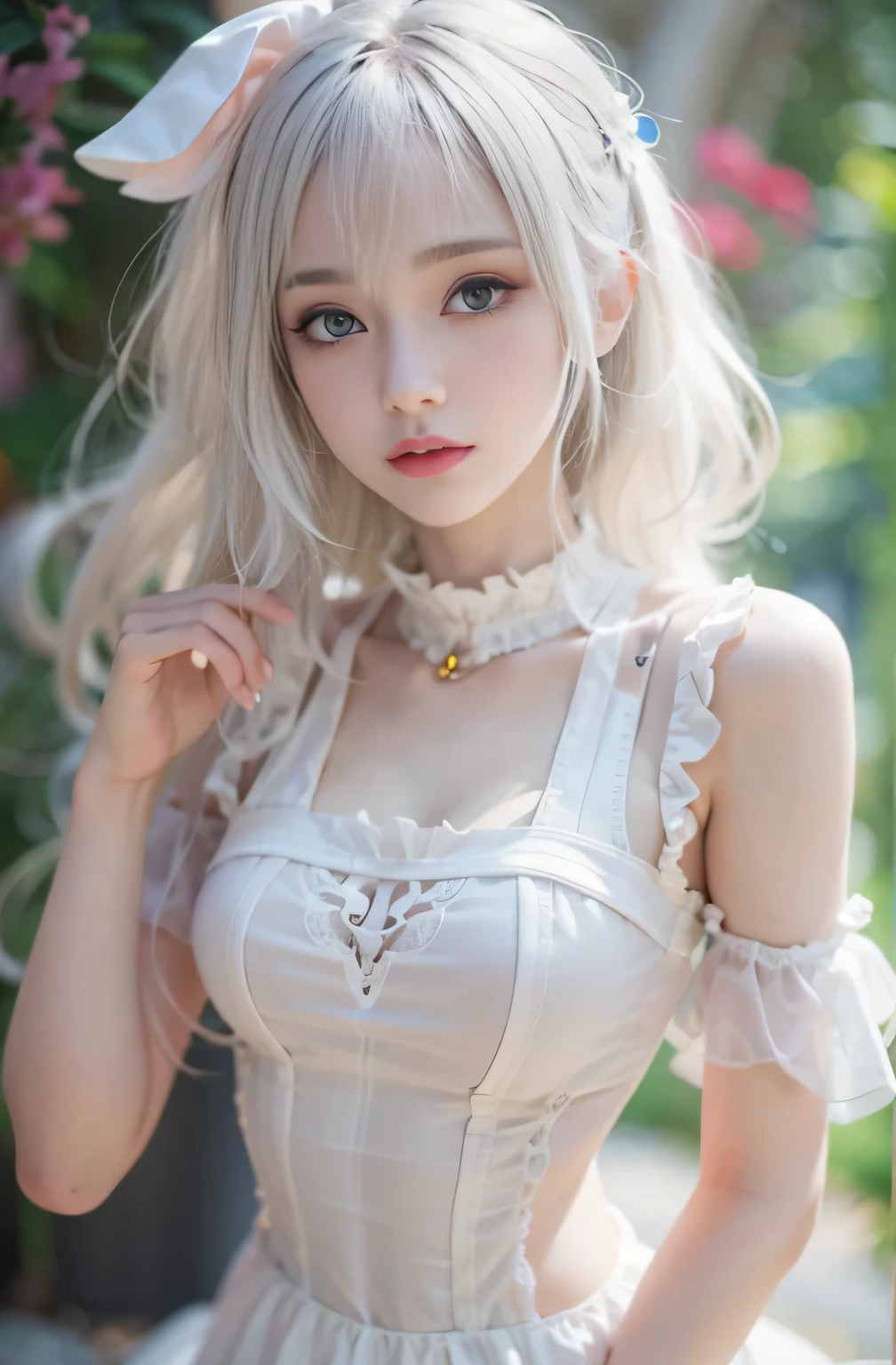 (masterpiece, best quality:1.1),
,1girl,18yo, cute,, white hair, cat ear,beautiful detailed teeth, eyes with large brown irises, small mouth, fresh lips,nose blush, detached sleeves dress, mini skirt,earrings,5finger,skirt lift,(panty) ,in cherry blossom avenue, beautiful lighting, volumetric lighting, dynamic angle, (photographic portrait), sharp,