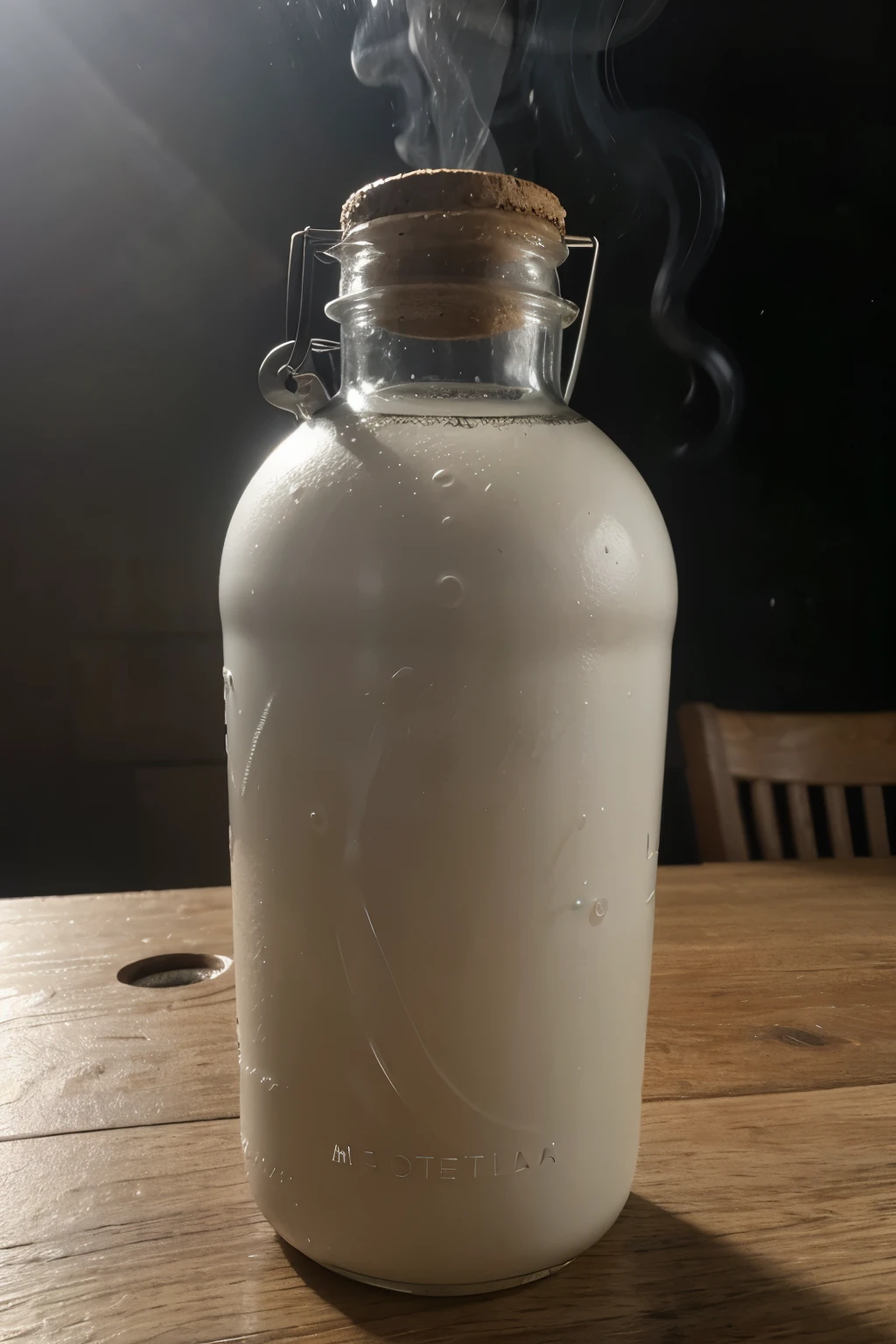 una botella cortada por la mitad con agua, dentro otra botella llena de humo