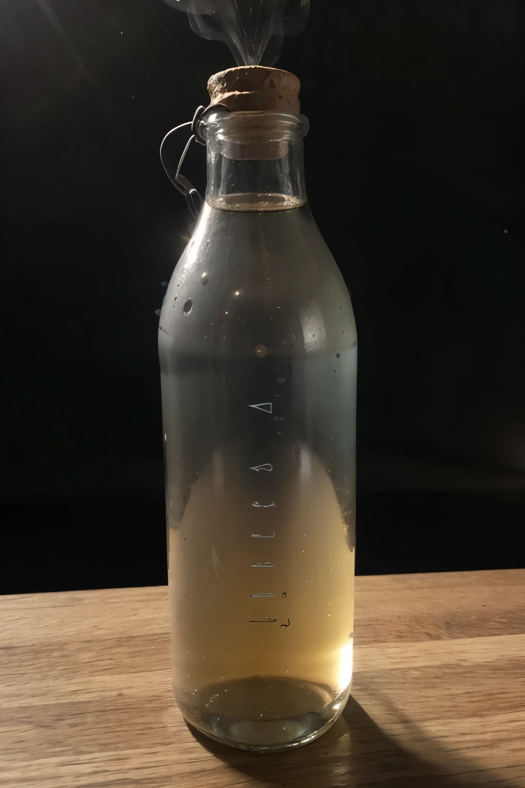 una botella cortada por la mitad con agua, dentro otra botella llena de humo