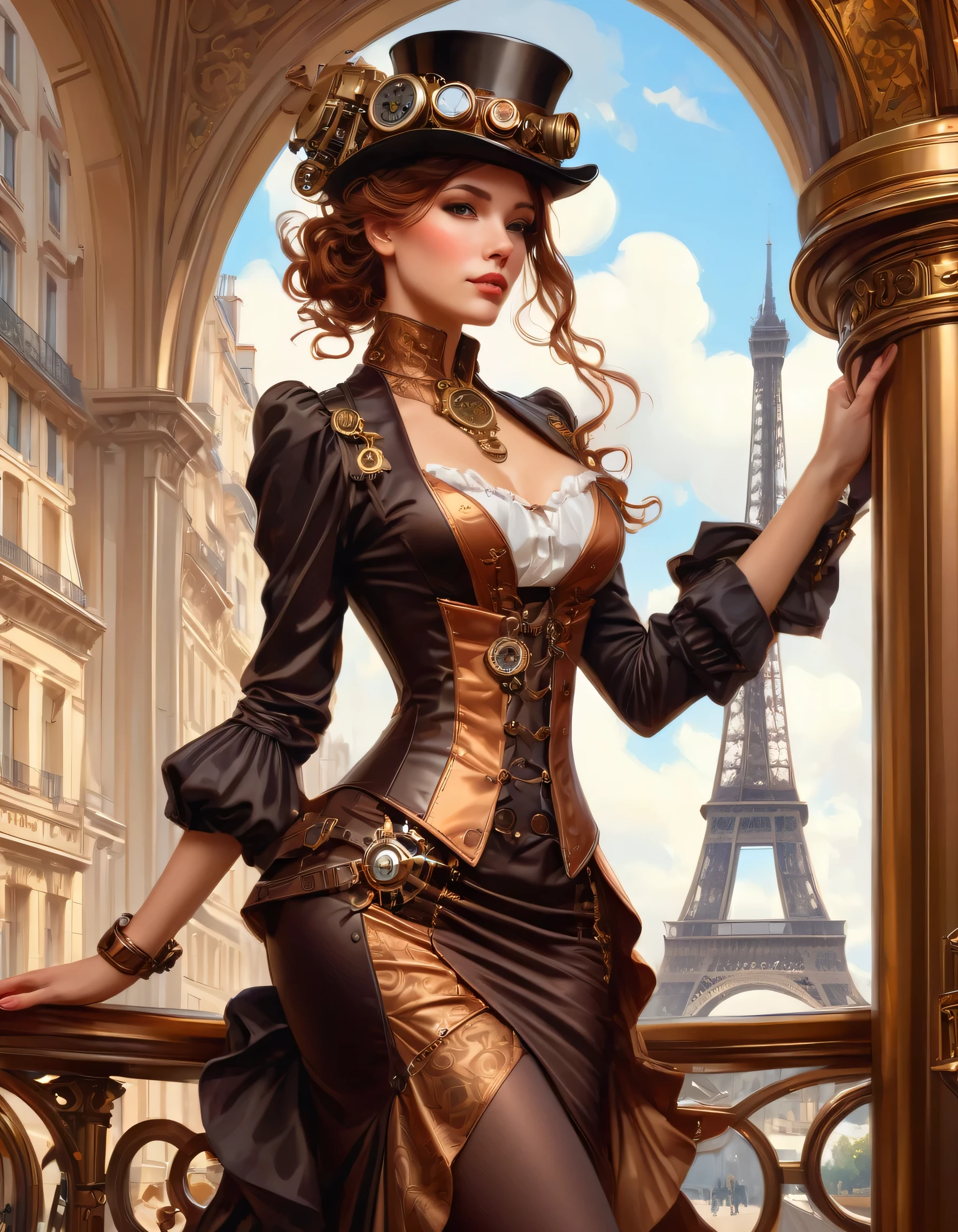 photo of (( )), wearing elegant mini-dress steampunk items, modern day in Paris , intricate, elegant, highly detailed, digital painting, artstation, concept art, smooth, sharp focus, illu0.8ation, art by artgerm and greg rutkowski and alphonse mucha