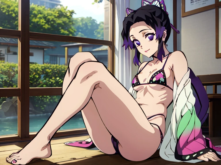 EFT_Shinobu, 1girl, kochou shinobu, butterfly hair ornament, solo, hair ornament, purple hair, multicolored hair, purple eyes, black hair, medium breast, (bikini), seductive smile, looking at viewer, blurry background, indoors, japanese house, full body, slim, ((masterpiece)), best quality, high detailed illustration, high detailed background, hi-res, bare legs, bare feet