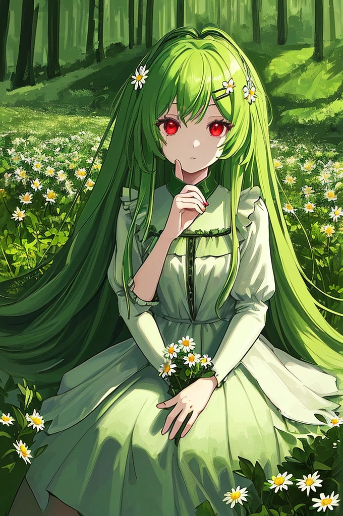 (masterpiece, best quality),1girl with long green hair sitting in a field of green plants and flowers, her hand under,looking to viewer, warm lighting, red eyes, white and black dress, using daisy hairclip, forest foreground, close up, high quality hands