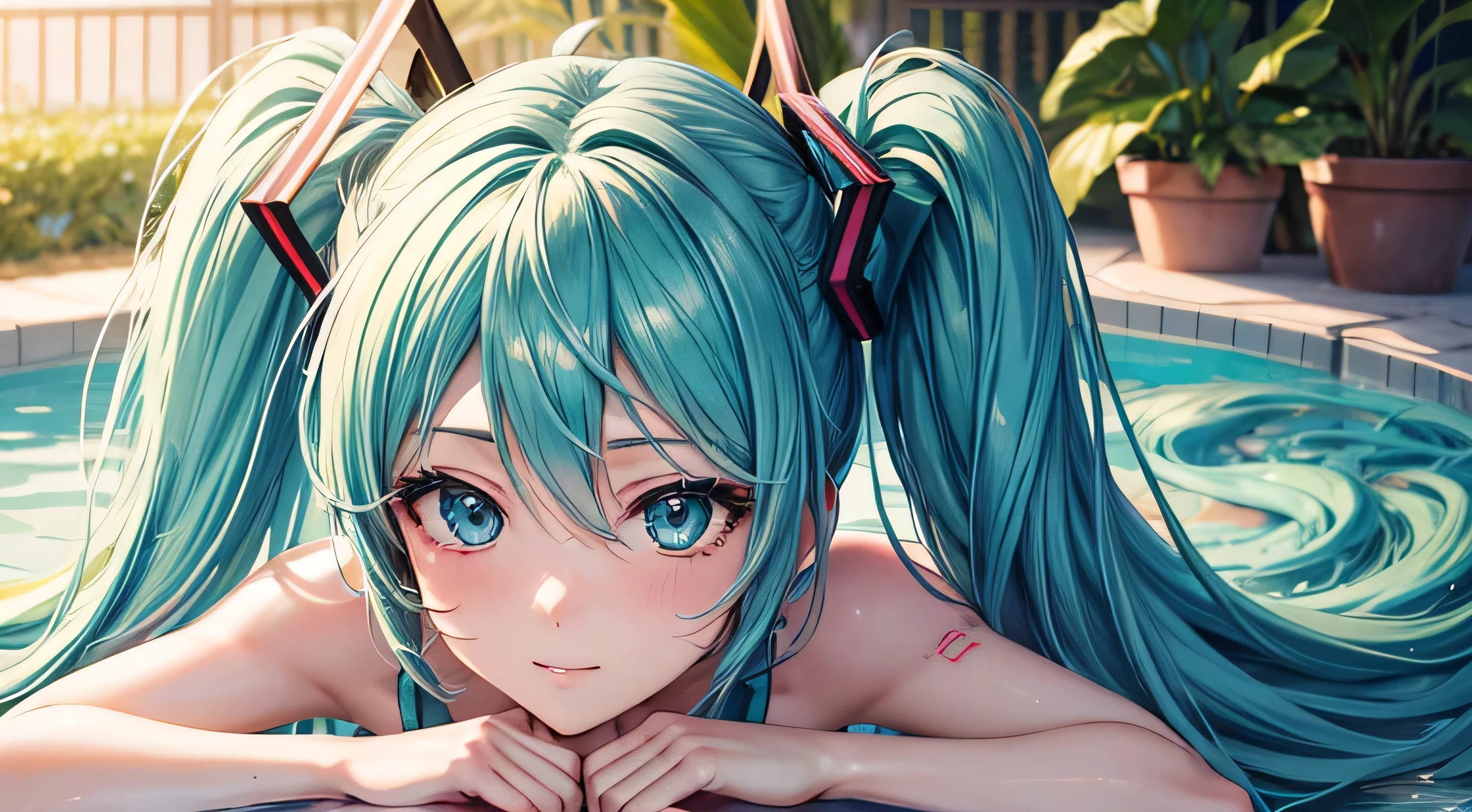Hatsune Miku bikini Perfect and detailed facial expression Perfect and detailed eye depiction Perfect and detailed hair Perfect upper body drawing Big Tits