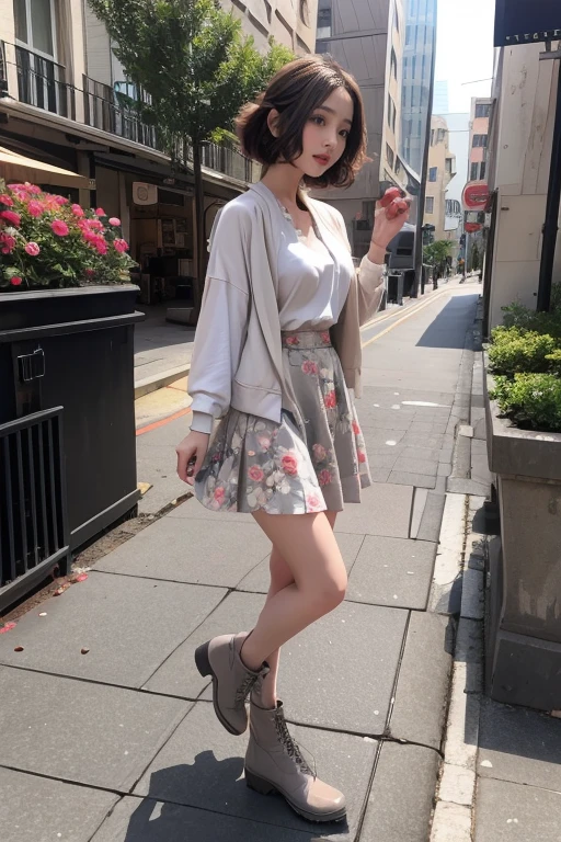 Floral Long Flared Skirt,Grey short boots,skip,