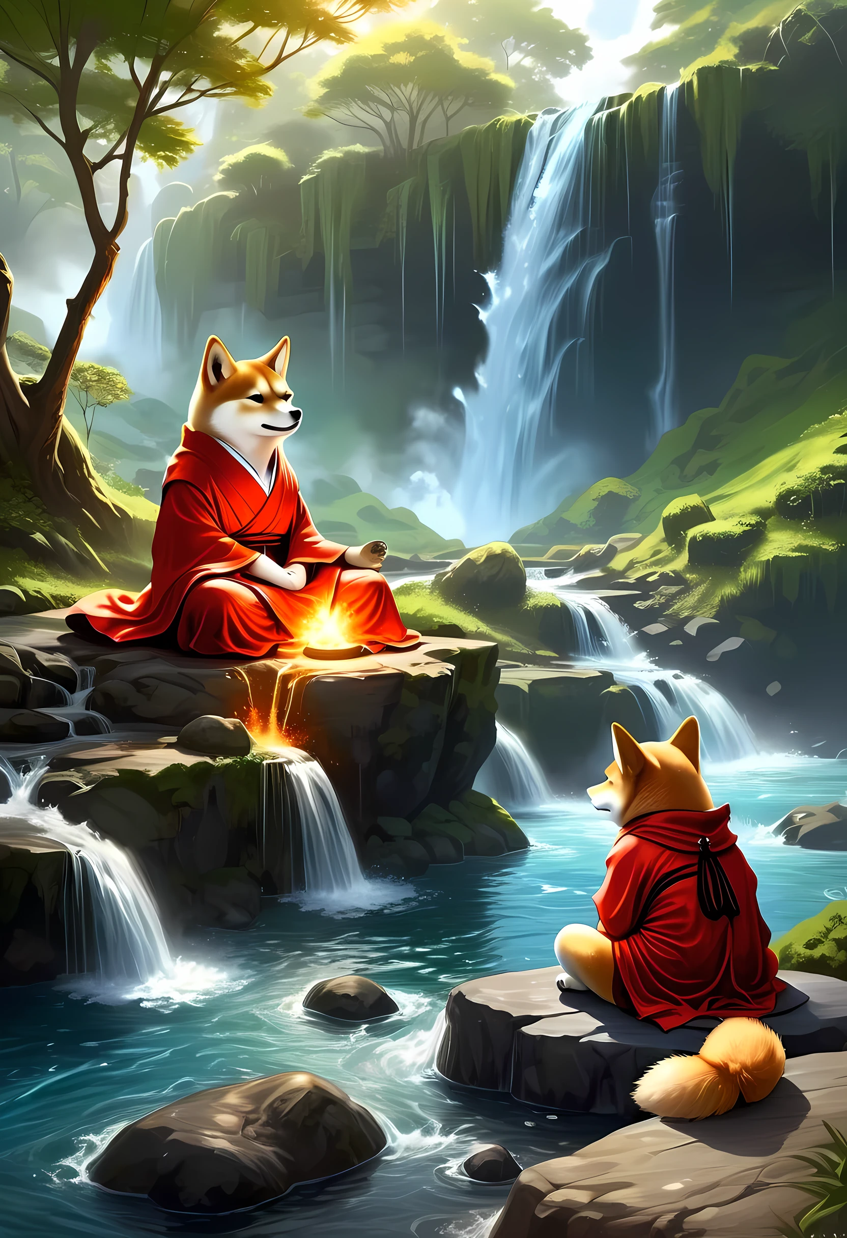 fantasy art, photorealistic, D&D art, a picture of a anthropomorphic Shiba Inu monk sitting and meditating near a waterfall, at the base of the waterfall,  there is a anthropomorphic (Shiba Inu monk: 1.5) wearing monk garbs, meditating near a bonfire near an (epic sized waterfall: 1.3), red hair, long hair, full body (best details, Masterpiece, best quality :1.5), ultra detailed face (best details, Masterpiece, best quality :1.5), light brown fur, green eyes,  water coming down from a volcanic cliff, multi level water falls, several pools created in different levels, forming new waterfalls, water cascading into a (large lava pool: 1.3) steam rising, clear water in many hues of blue and azure falling, ultra best realistic, best details, best quality, 16k, [ultra detailed], masterpiece, best quality, (extremely detailed), ultra wide shot, photorealism, depth of field, hyper realistic painting, faize 