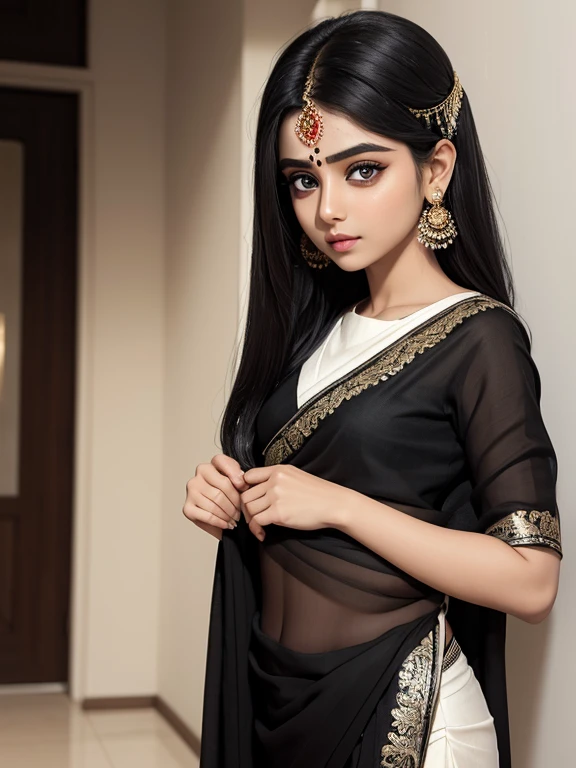 The girl with white skin,slim,non gaped eyebrow, small lips,big eyes, wearing black color saree, keeping bindhi.