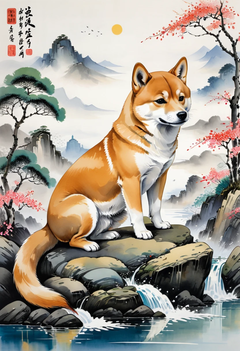 a Shiba Inu, (masterpiece, best quality, Professional, perfect composition, very aesthetic, absurdres, ultra-detailed, intricate details:1.3), by Wu Guanzhong