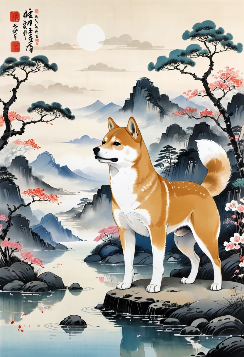 a Shiba Inu, (masterpiece, best quality, Professional, perfect composition, very aesthetic, absurdres, ultra-detailed, intricate details:1.3), by Wu Guanzhong