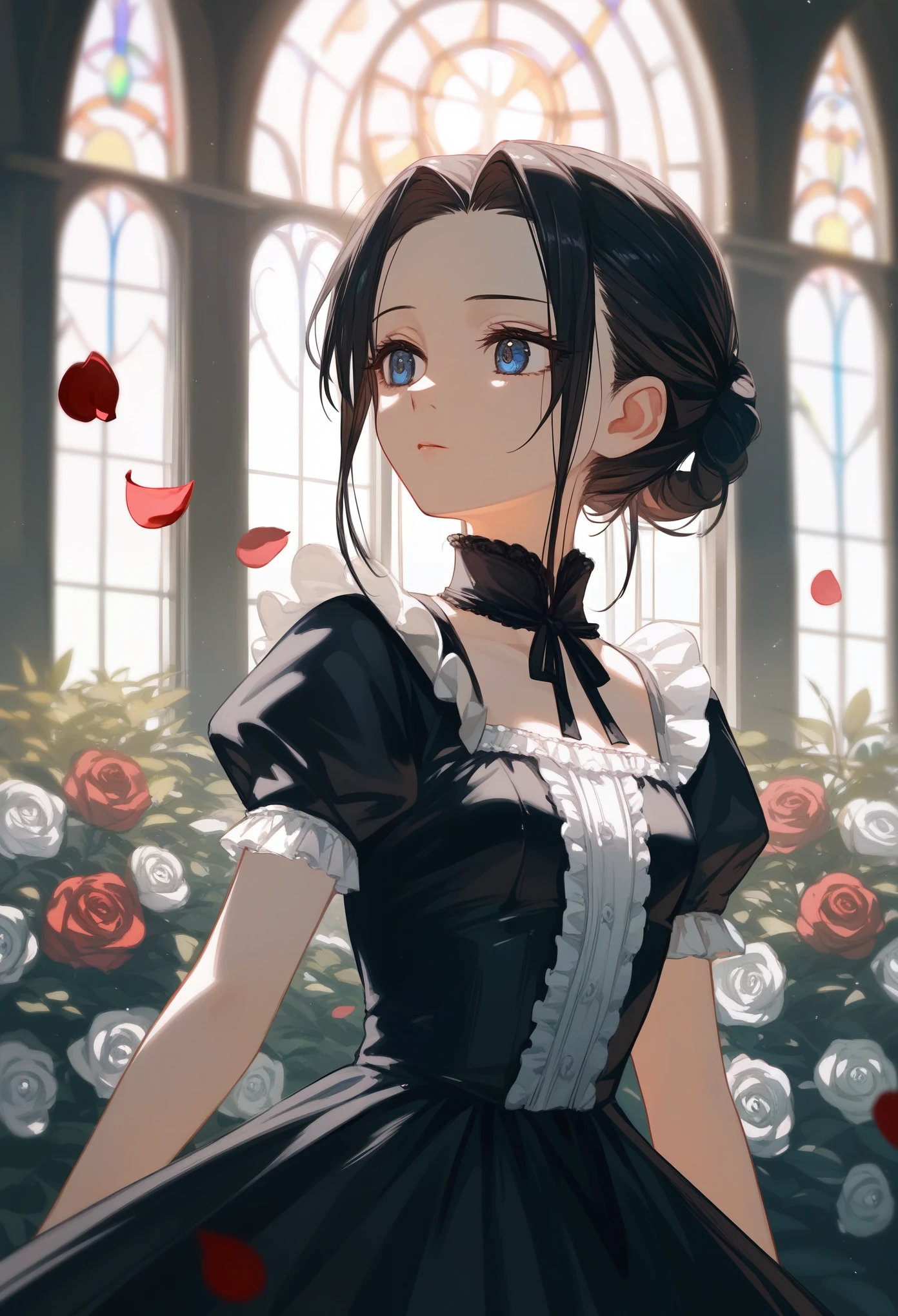 masterpiece, T-ponyai3 style, upper body, score_9, score_8_up, score_7_up, portrait, 1girl, solo, black hair, tied hair, hair bun, parted bangs, dark blue eyes, innexpressive, pale skin, small breasts, upper body, victorian fashion, black dress, frilled dress, short sleeves, hand stroking own forehead, delicate hand, perfect hands, white rose petals, church window background, best quality
