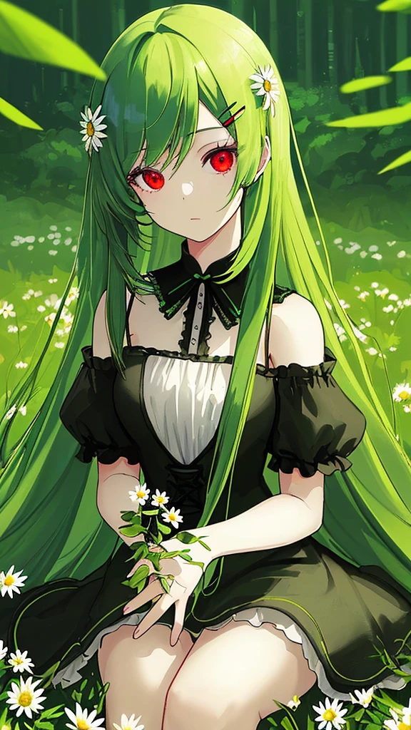 (masterpiece, best quality),1girl with long green hair sitting in a field of green plants and flowers, her hand under,looking to viewer, warm lighting, red eyes, white and black dress, using daisy hairclip, forest foreground, close up, high quality hands